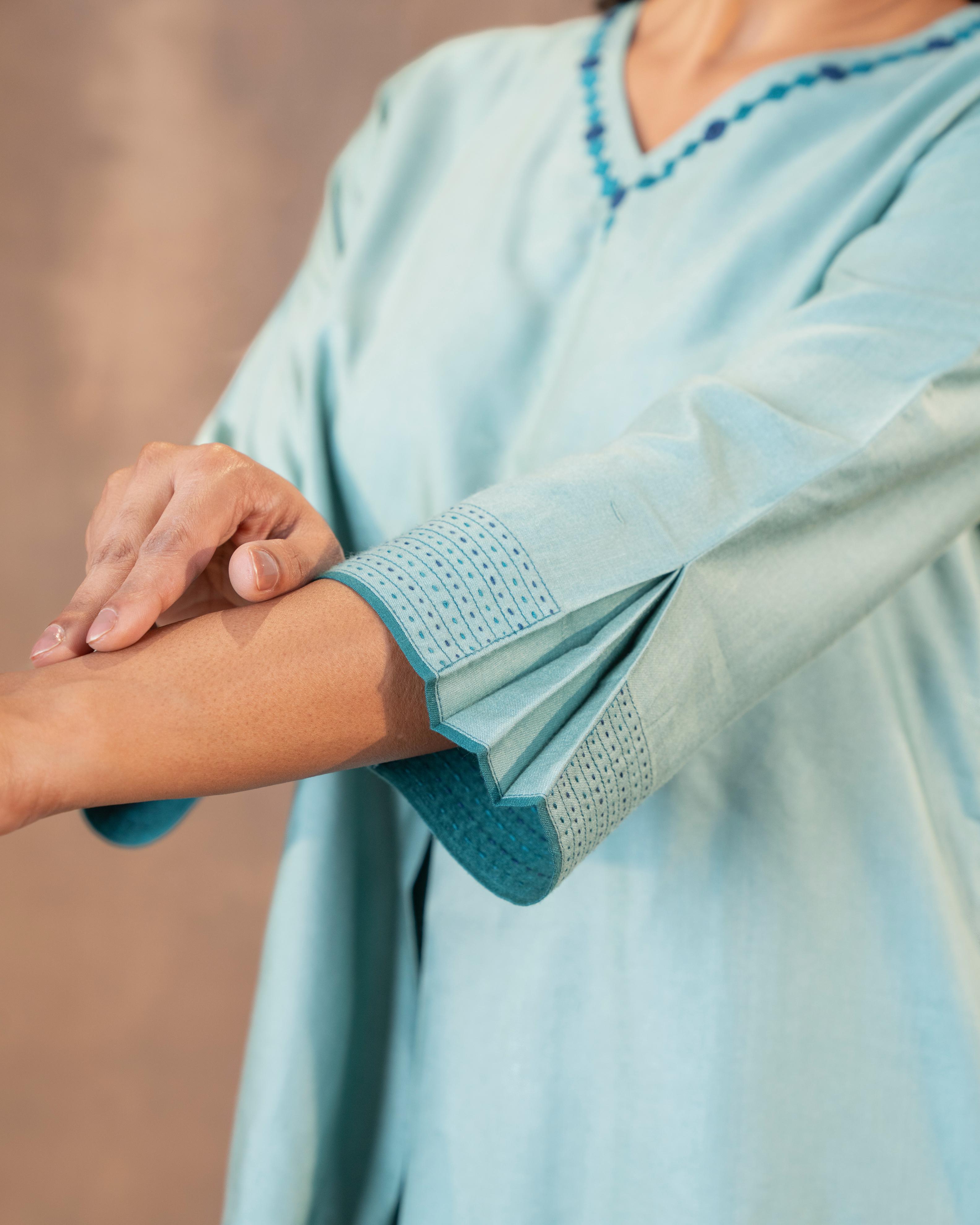 Ruhani Teal Regular Fit Cotton Silk Top With Soof Hand Embroidery