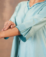 Ruhani Teal Regular Fit Cotton Silk Top With Soof Hand Embroidery