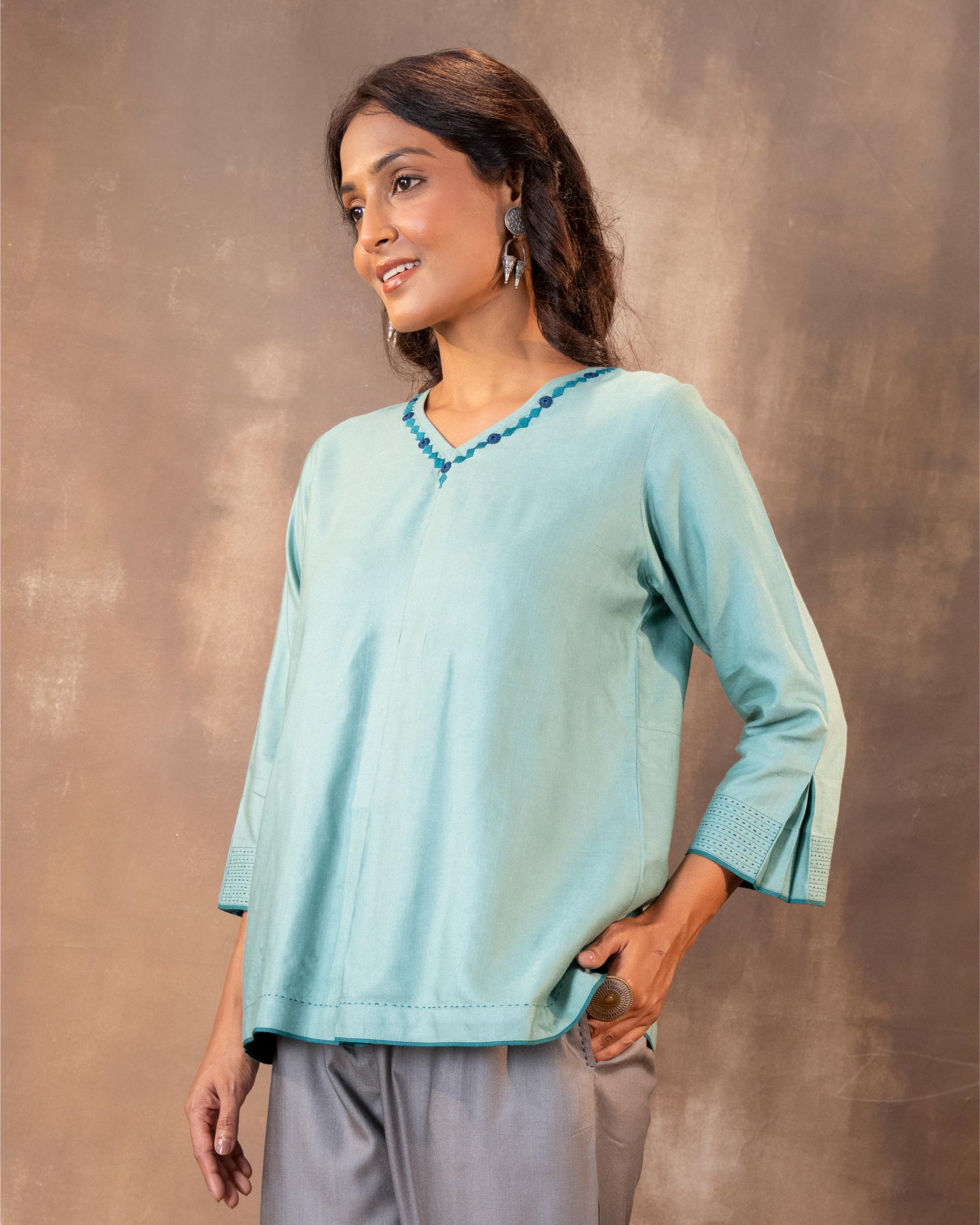 Ruhani Teal Regular Fit Cotton Silk Top With Soof Hand Embroidery
