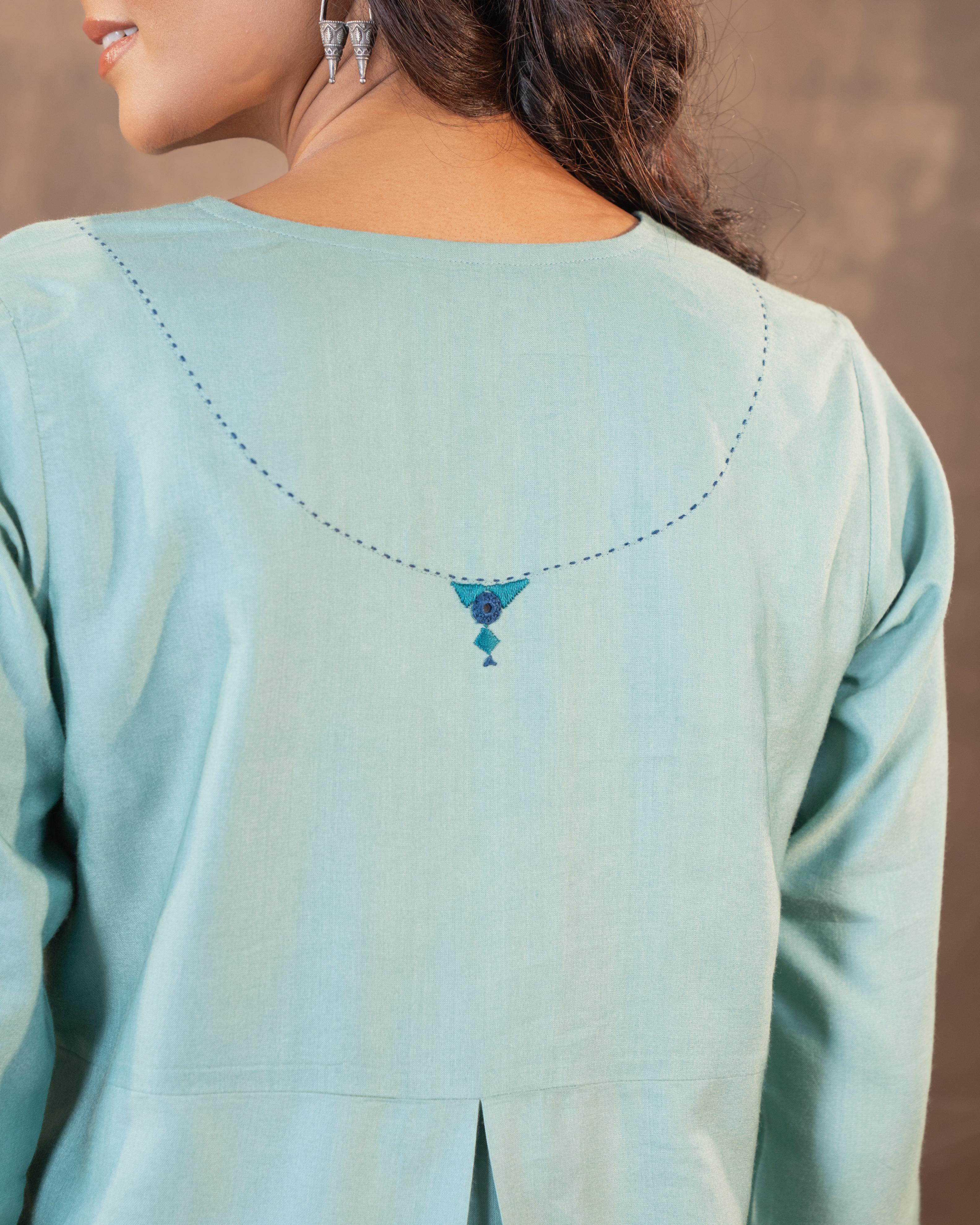 Ruhani Teal Regular Fit Cotton Silk Top With Soof Hand Embroidery