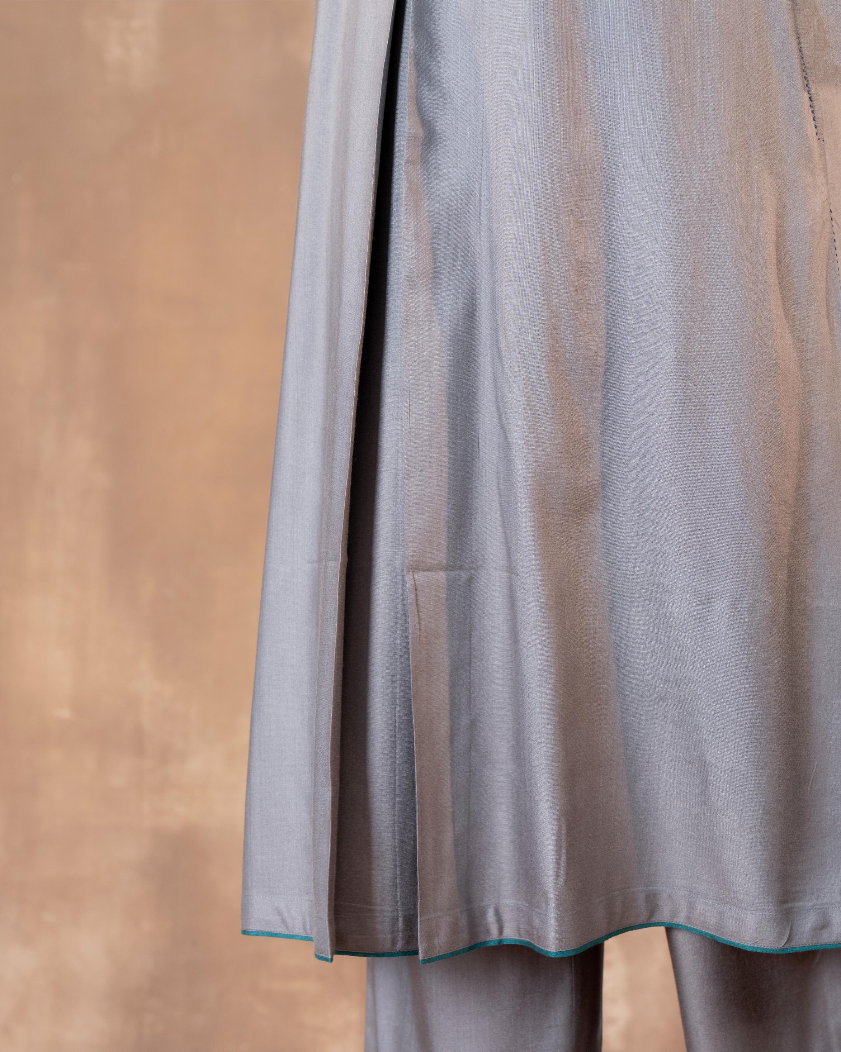 Ruhani Grey A-line Cotton Silk Kurta With Soof Hand Embroidery