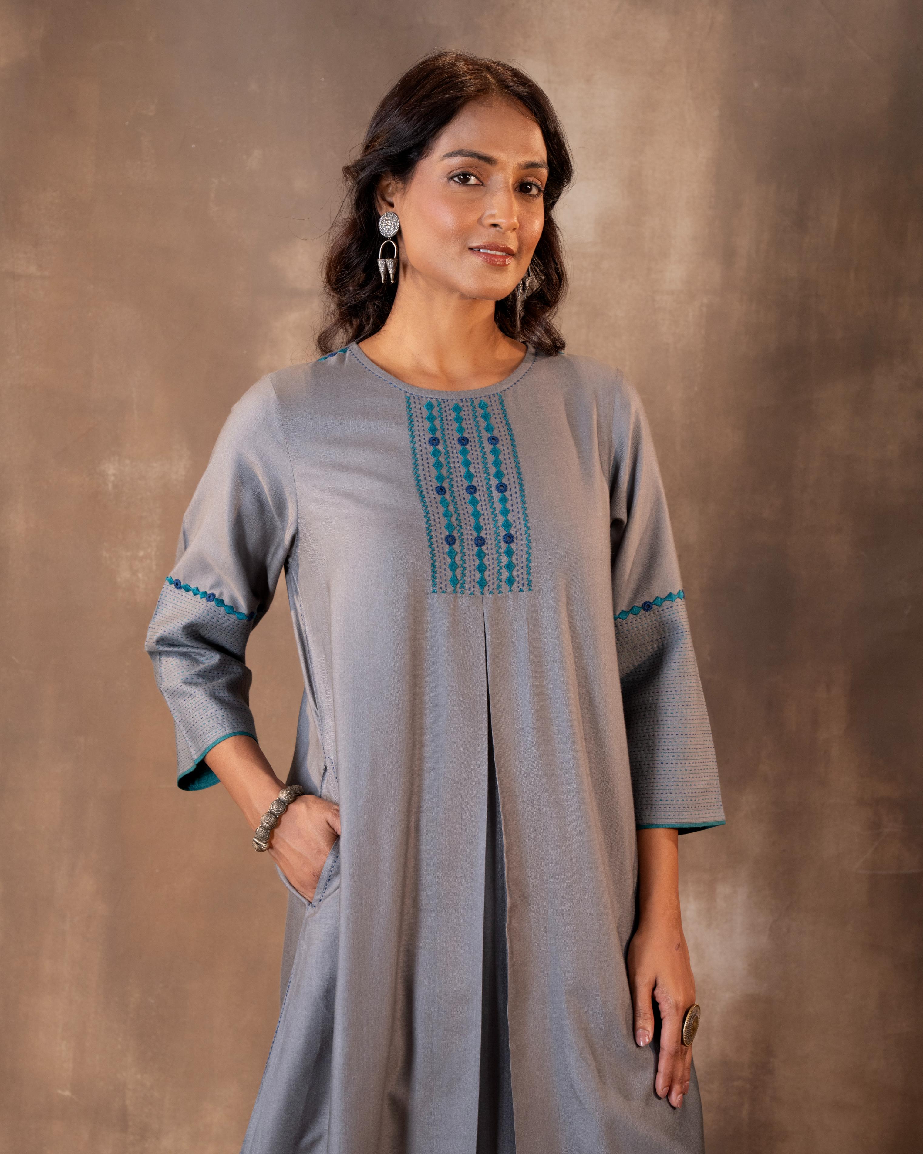 Ruhani Grey A-line Cotton Silk Kurta With Soof Hand Embroidery