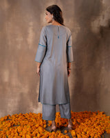 Ruhani Grey A-line Cotton Silk Kurta With Soof Hand Embroidery