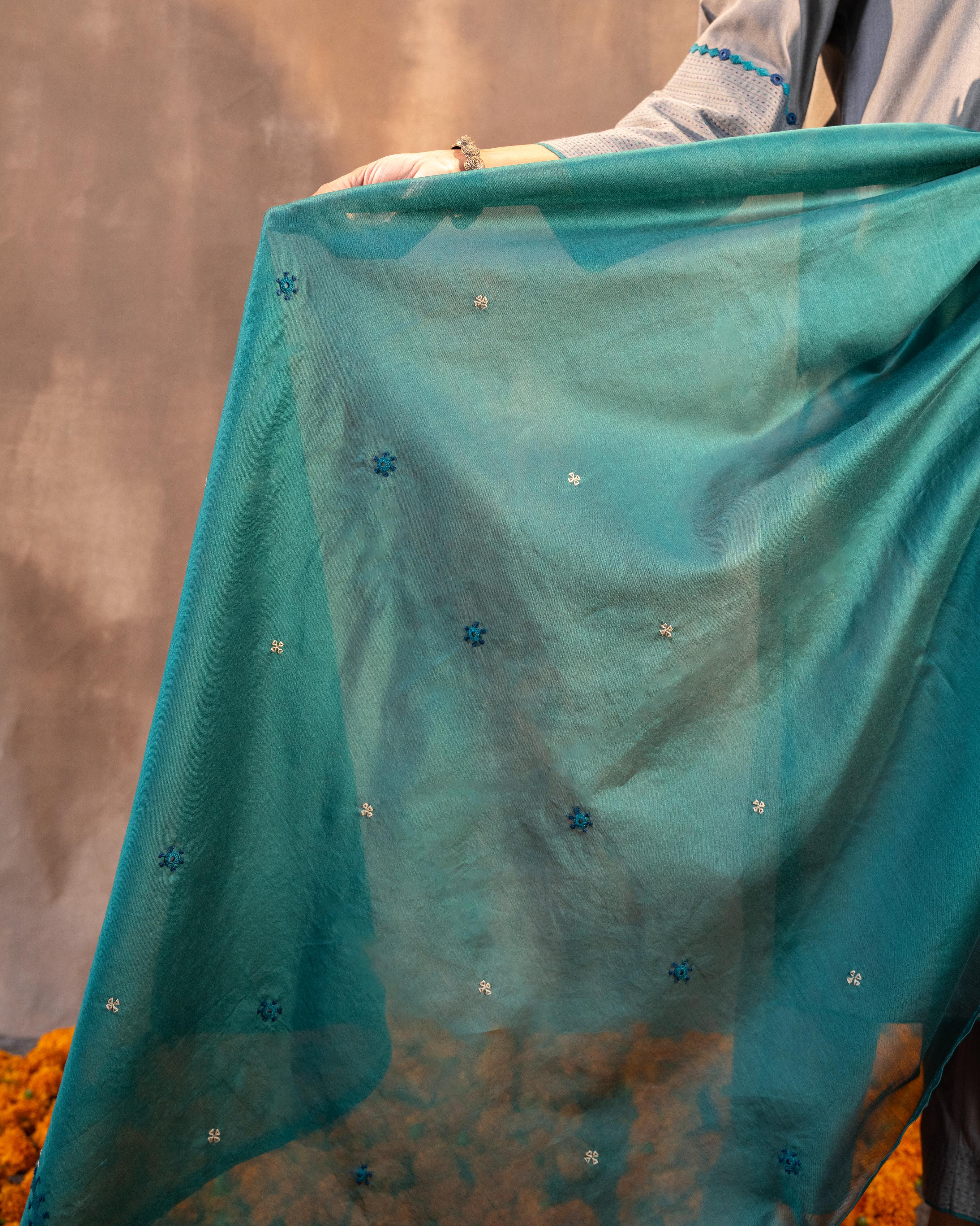 Ruhani Deep Teal Chanderi Dupatta With Soof Hand Embroidery