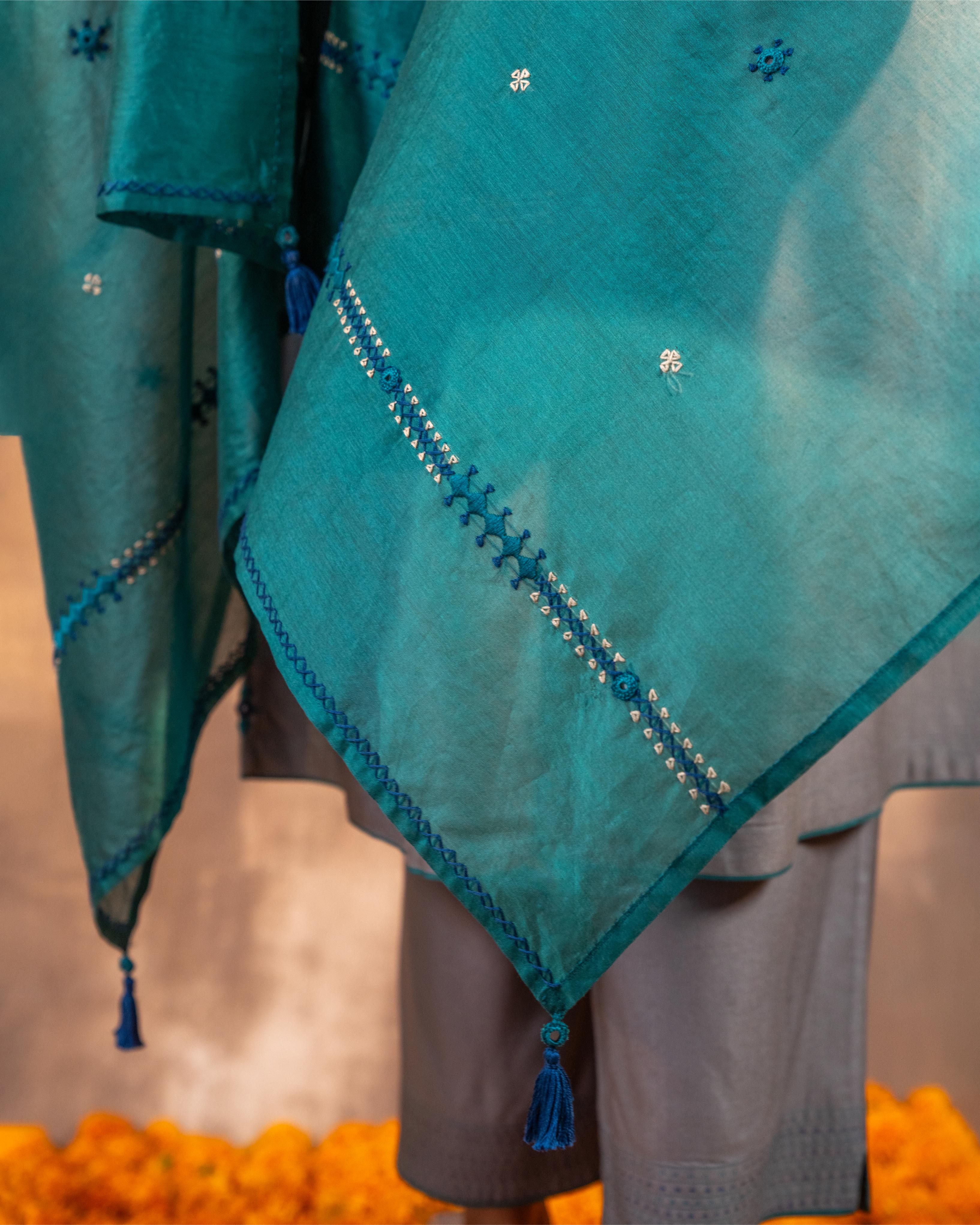 Ruhani Deep Teal Chanderi Dupatta With Soof Hand Embroidery