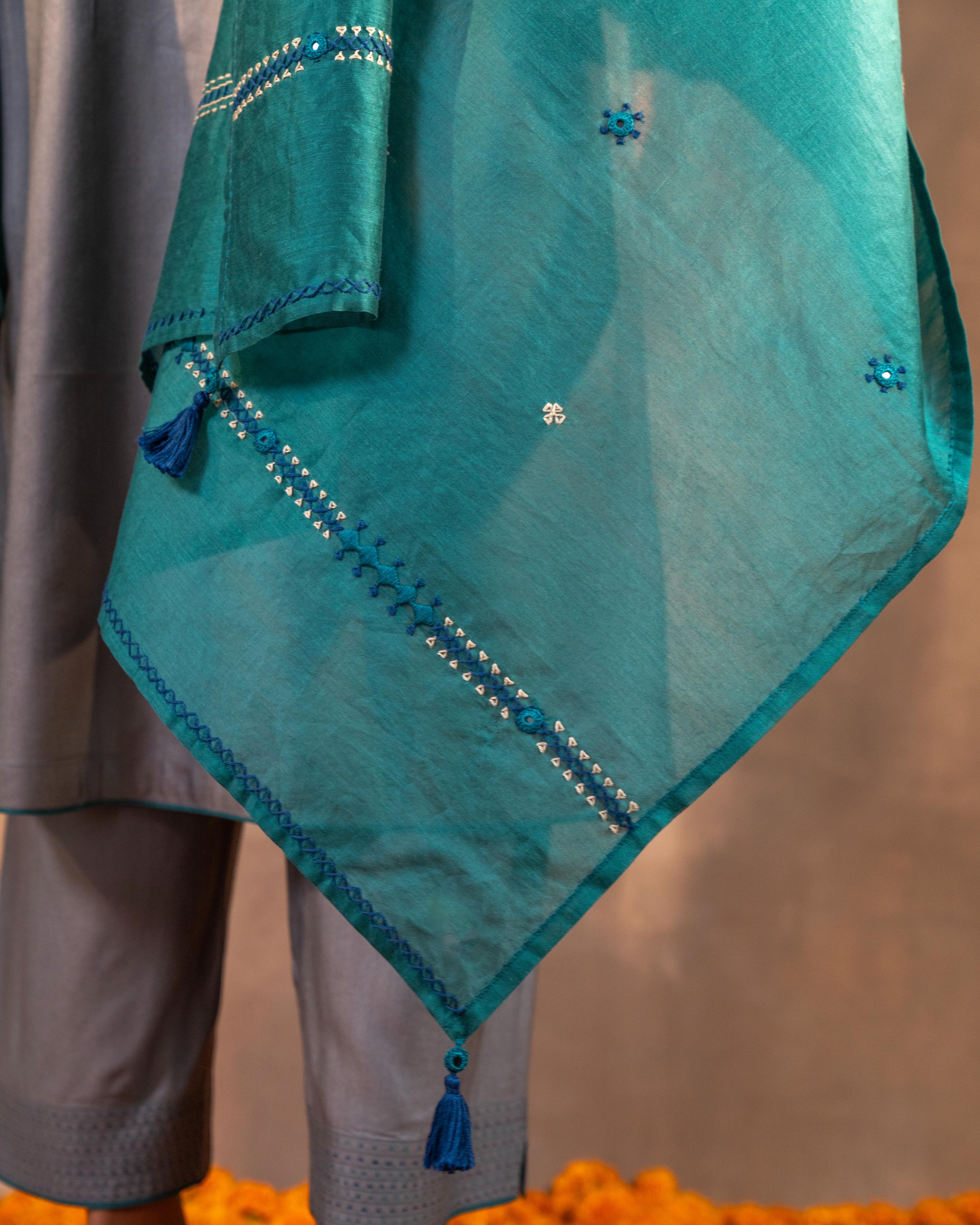 Ruhani Deep Teal Chanderi Dupatta With Soof Hand Embroidery