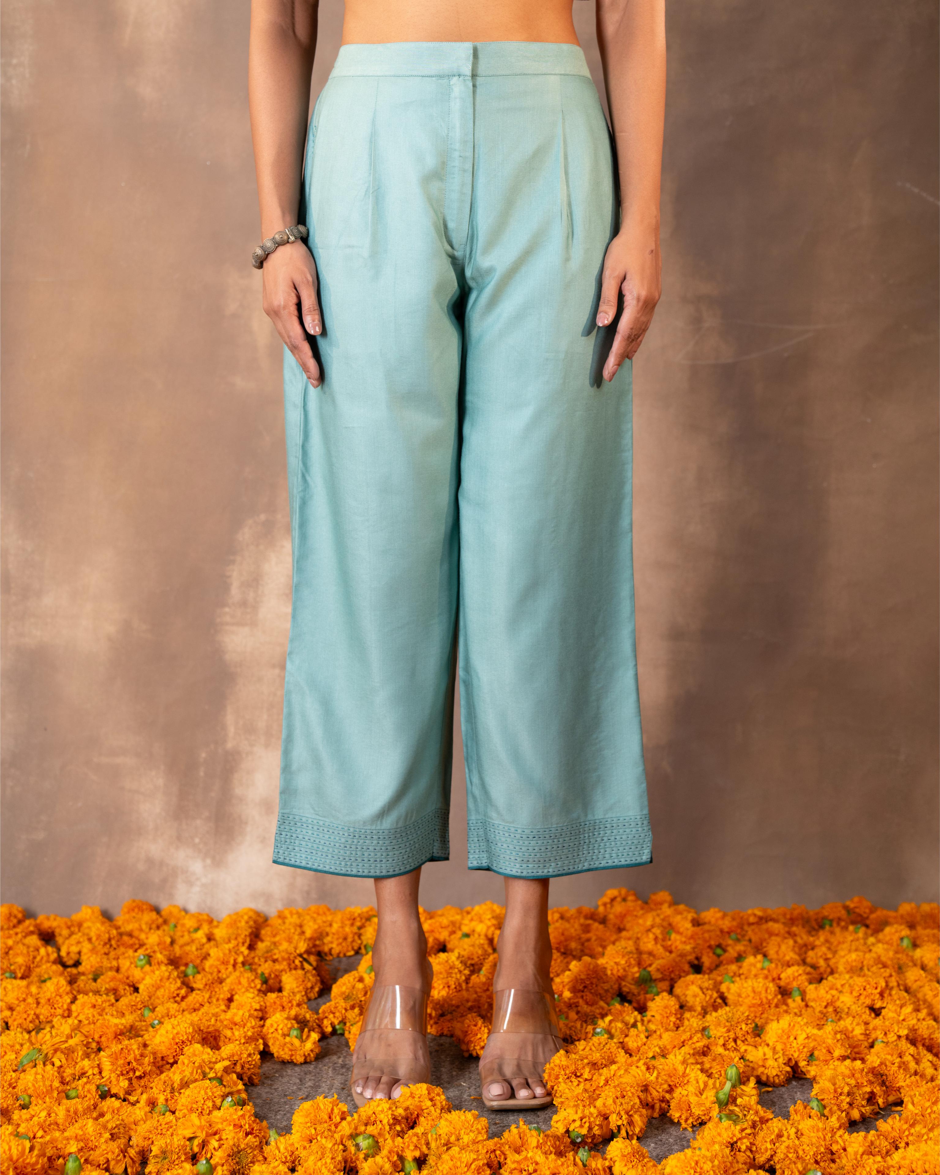 Ruhani Teal Straight-Fit Cotton Silk Pant With Soof Hand Embroidery