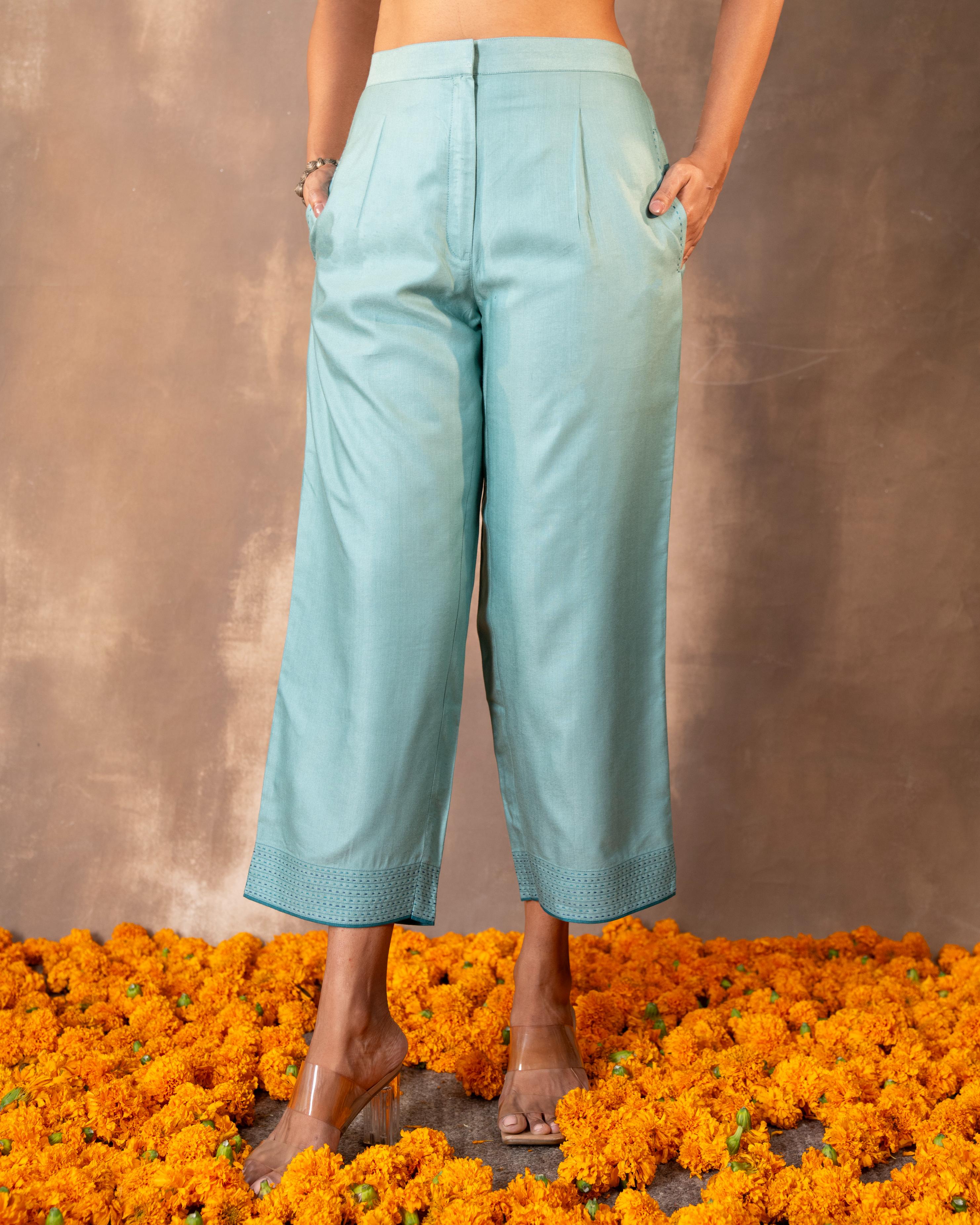 Ruhani Teal Straight-Fit Cotton Silk Pant With Soof Hand Embroidery