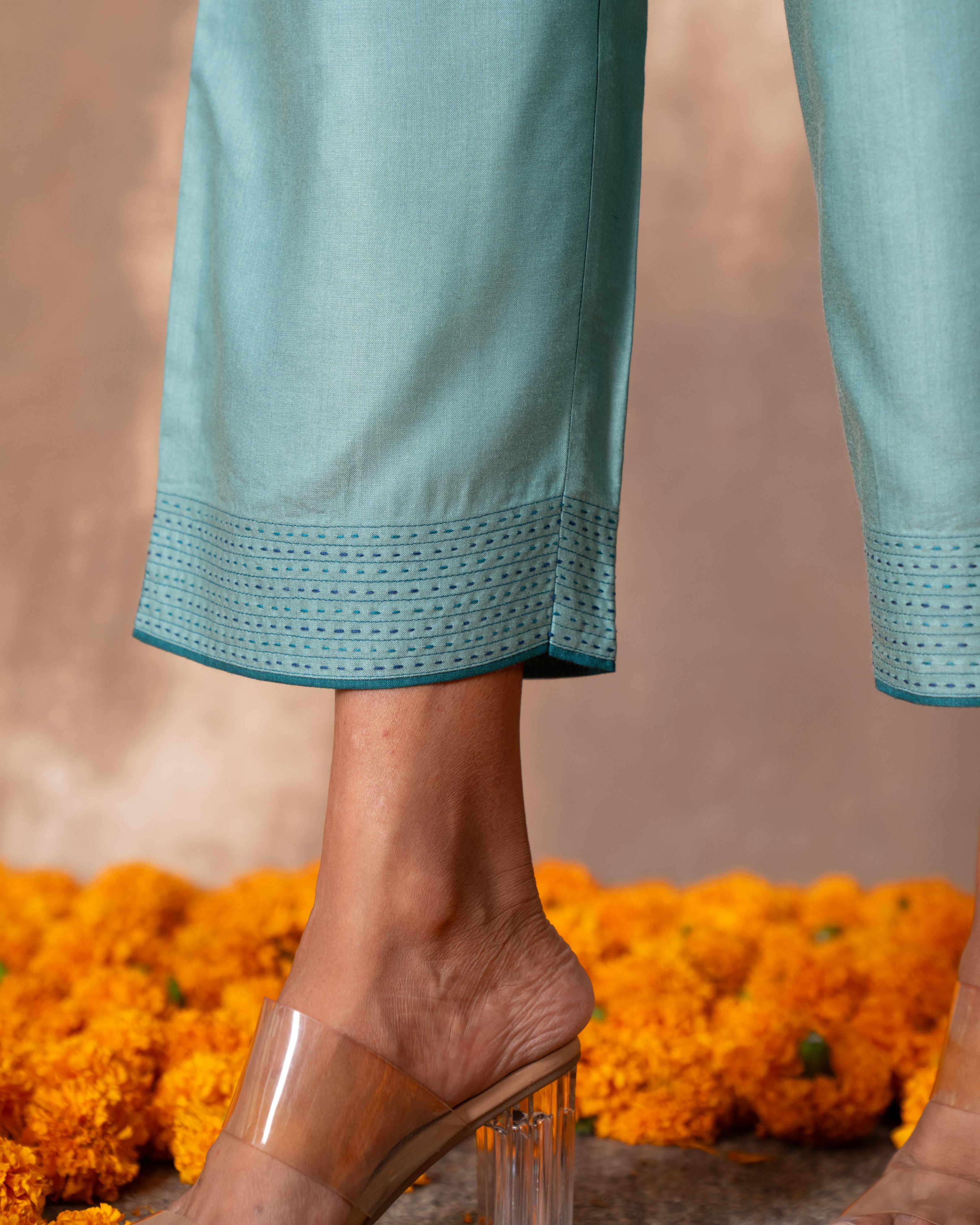 Ruhani Teal Straight-Fit Cotton Silk Pant With Soof Hand Embroidery