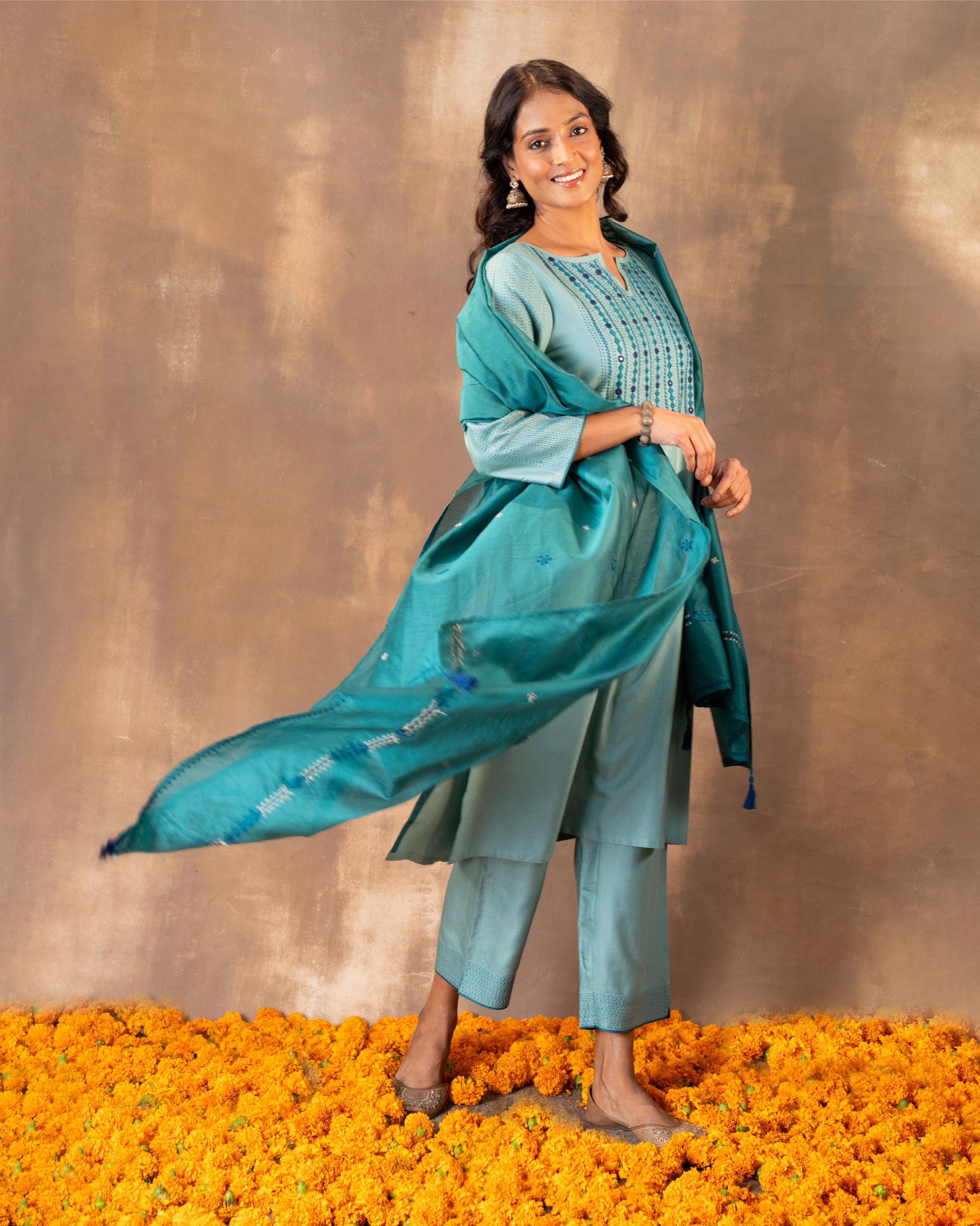 Ruhani Teal Flared Cotton Silk Kurta With Soof Hand Embroidery