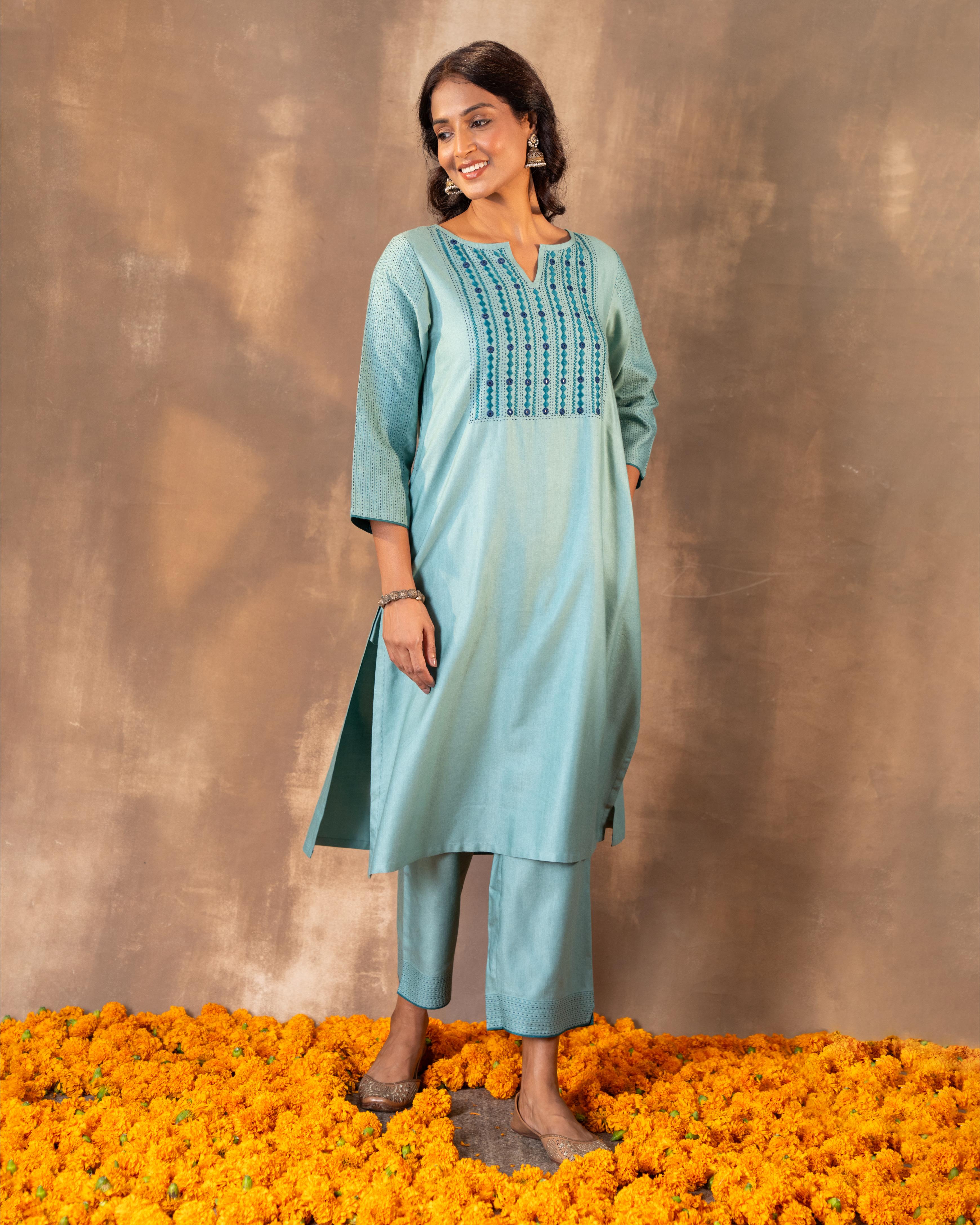 Ruhani Teal Flared Cotton Silk Kurta With Soof Hand Embroidery