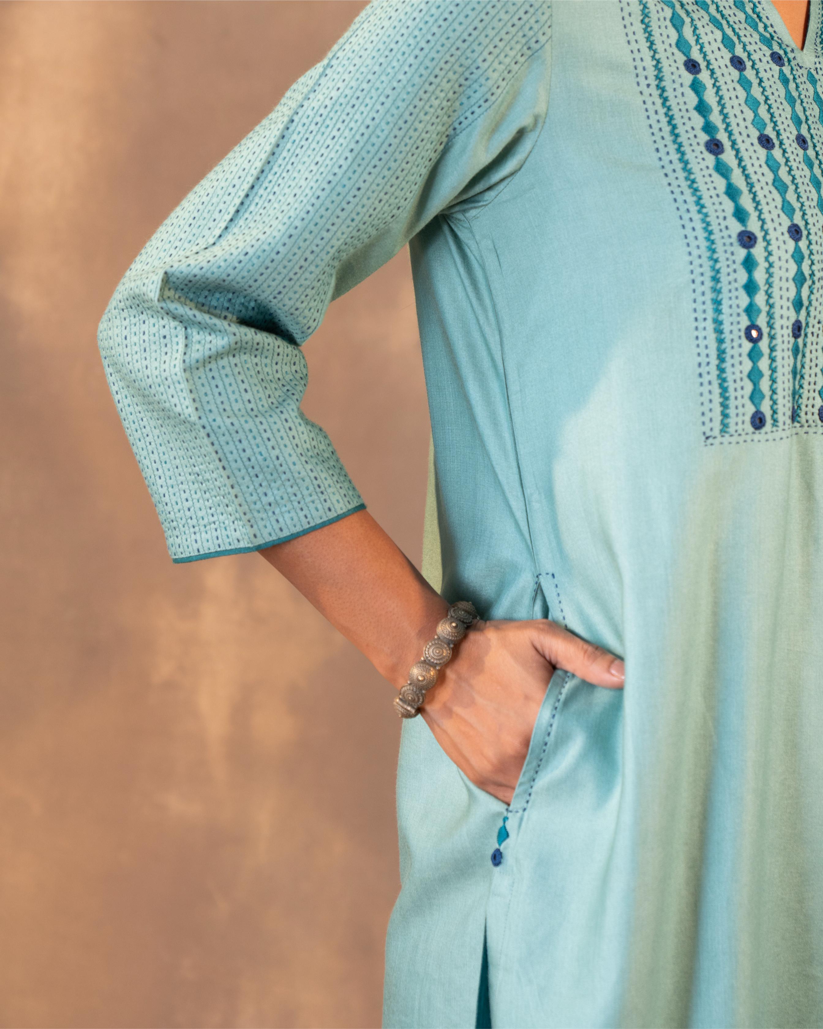 Ruhani Teal Flared Cotton Silk Kurta With Soof Hand Embroidery