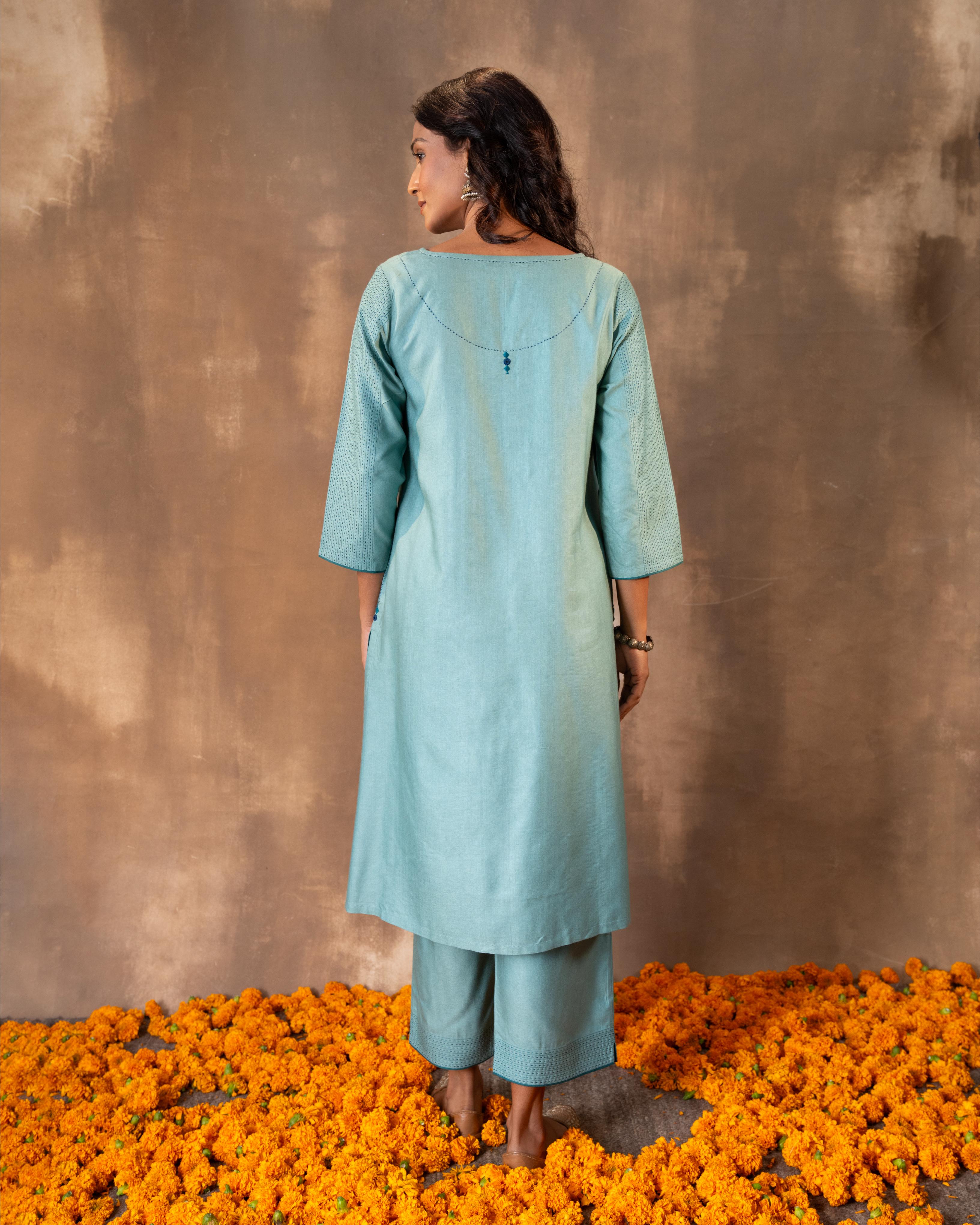 Ruhani Teal Flared Cotton Silk Kurta With Soof Hand Embroidery