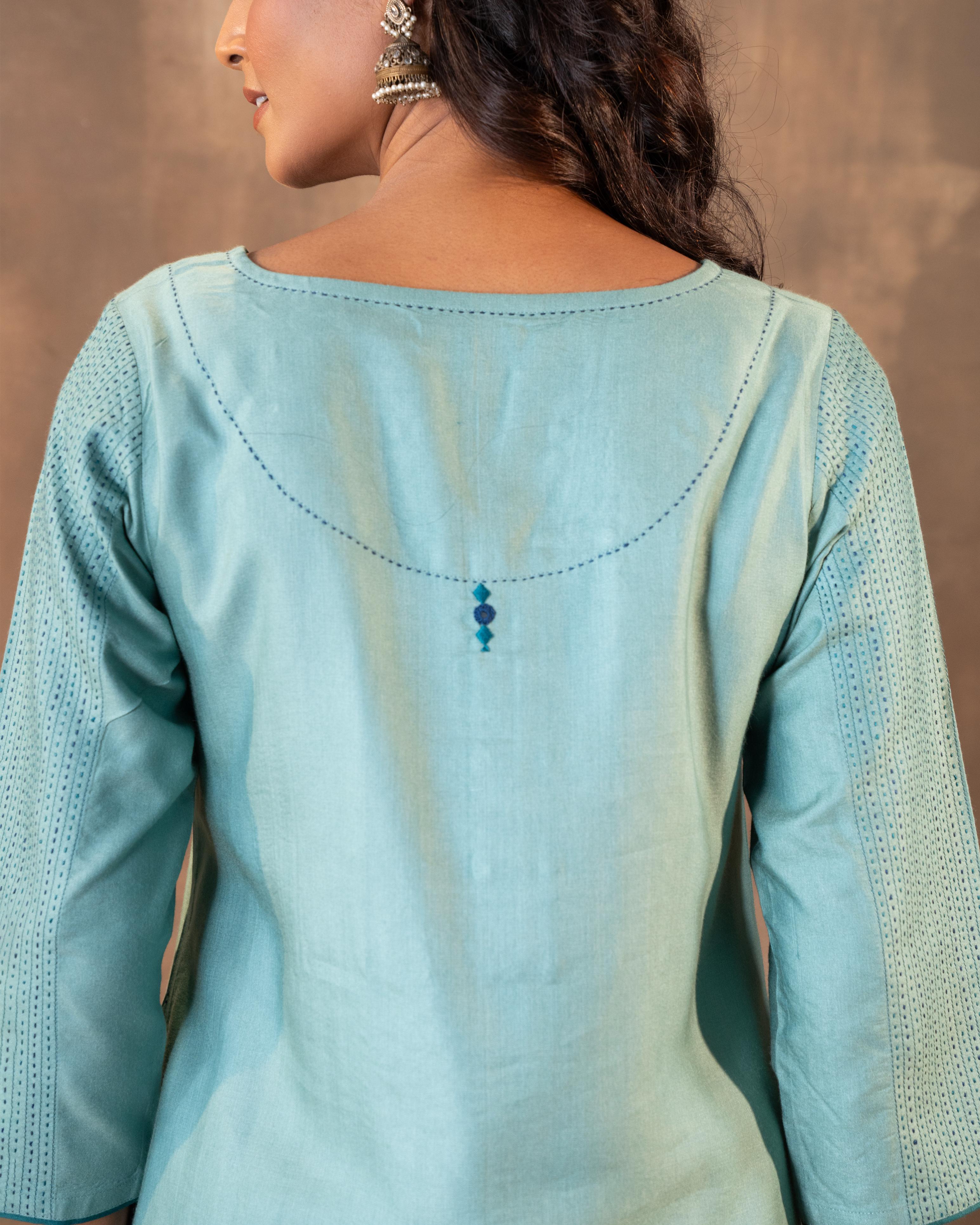 Ruhani Teal Flared Cotton Silk Kurta With Soof Hand Embroidery
