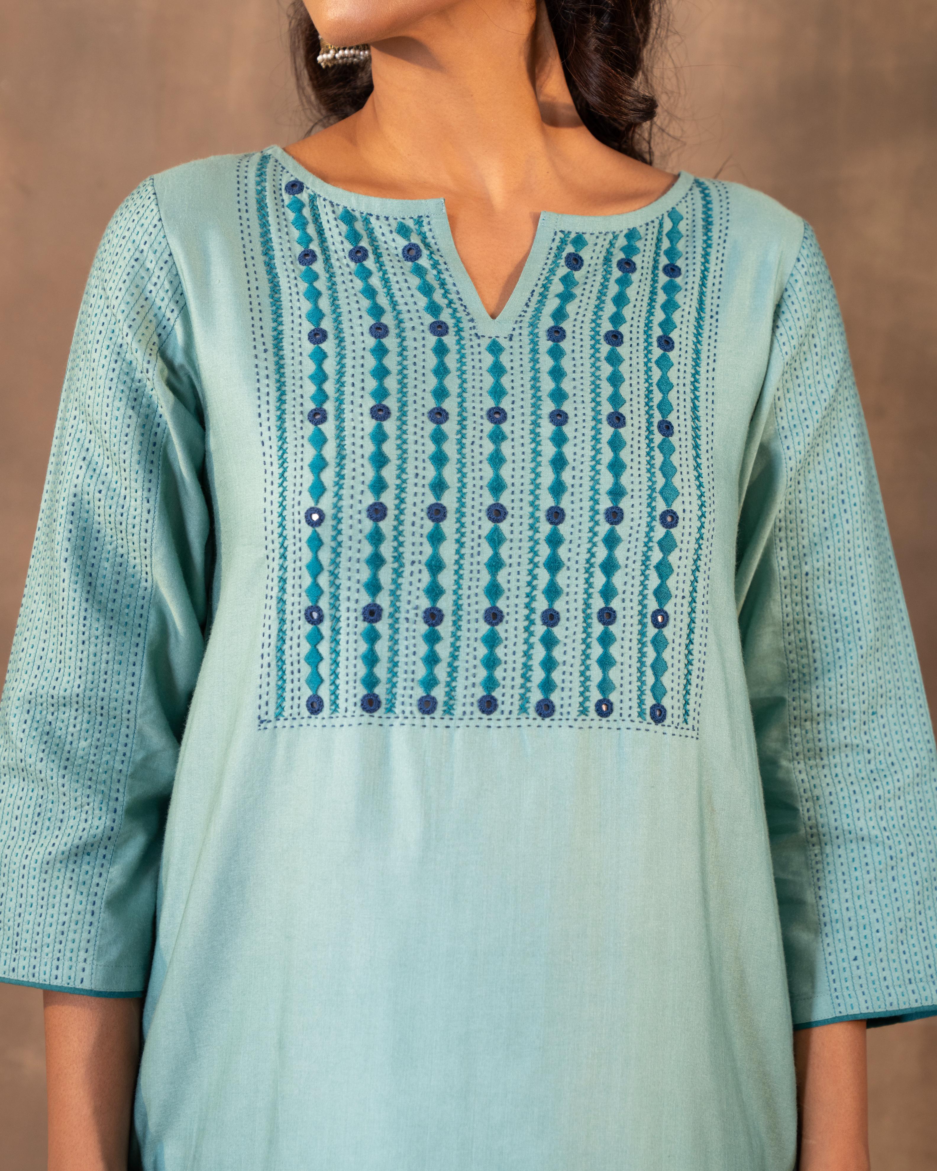 Ruhani Teal Flared Cotton Silk Kurta With Soof Hand Embroidery