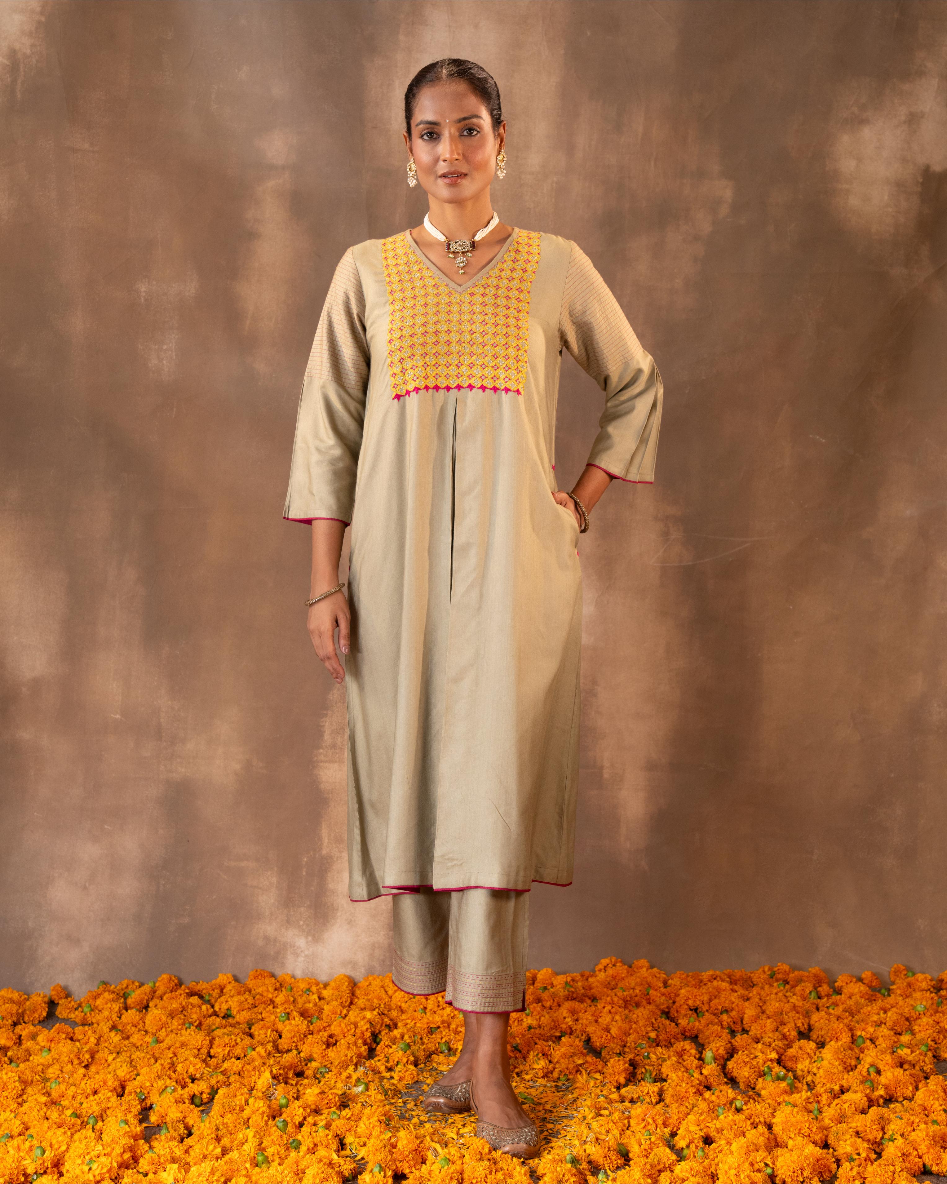 "Ruhani Olive Green A-Line Cotton Silk Kurta With Pakka Hand Embroidery