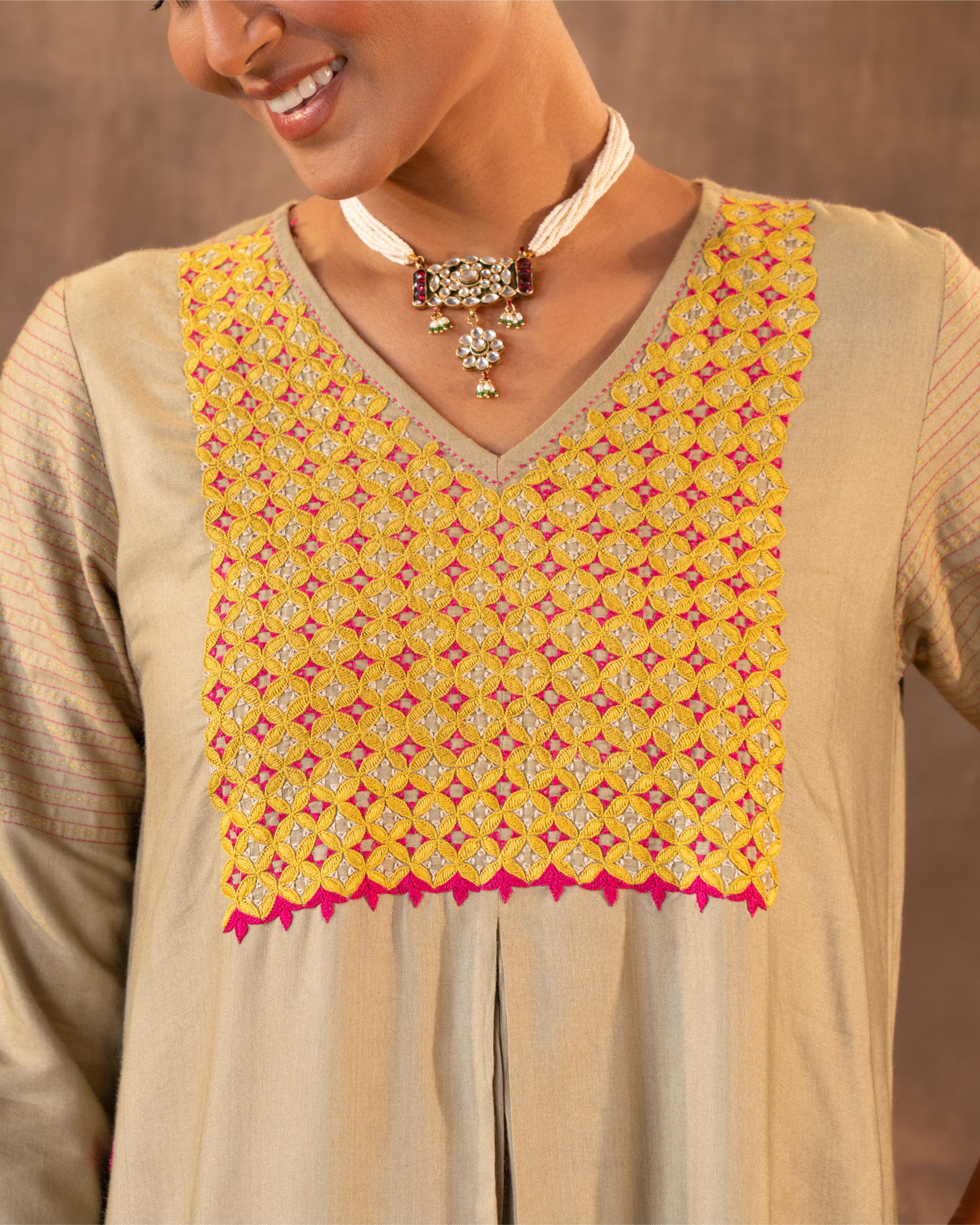 'Ruhani Olive Green A-Line Cotton Silk Kurta With Pakka Hand Embroidery