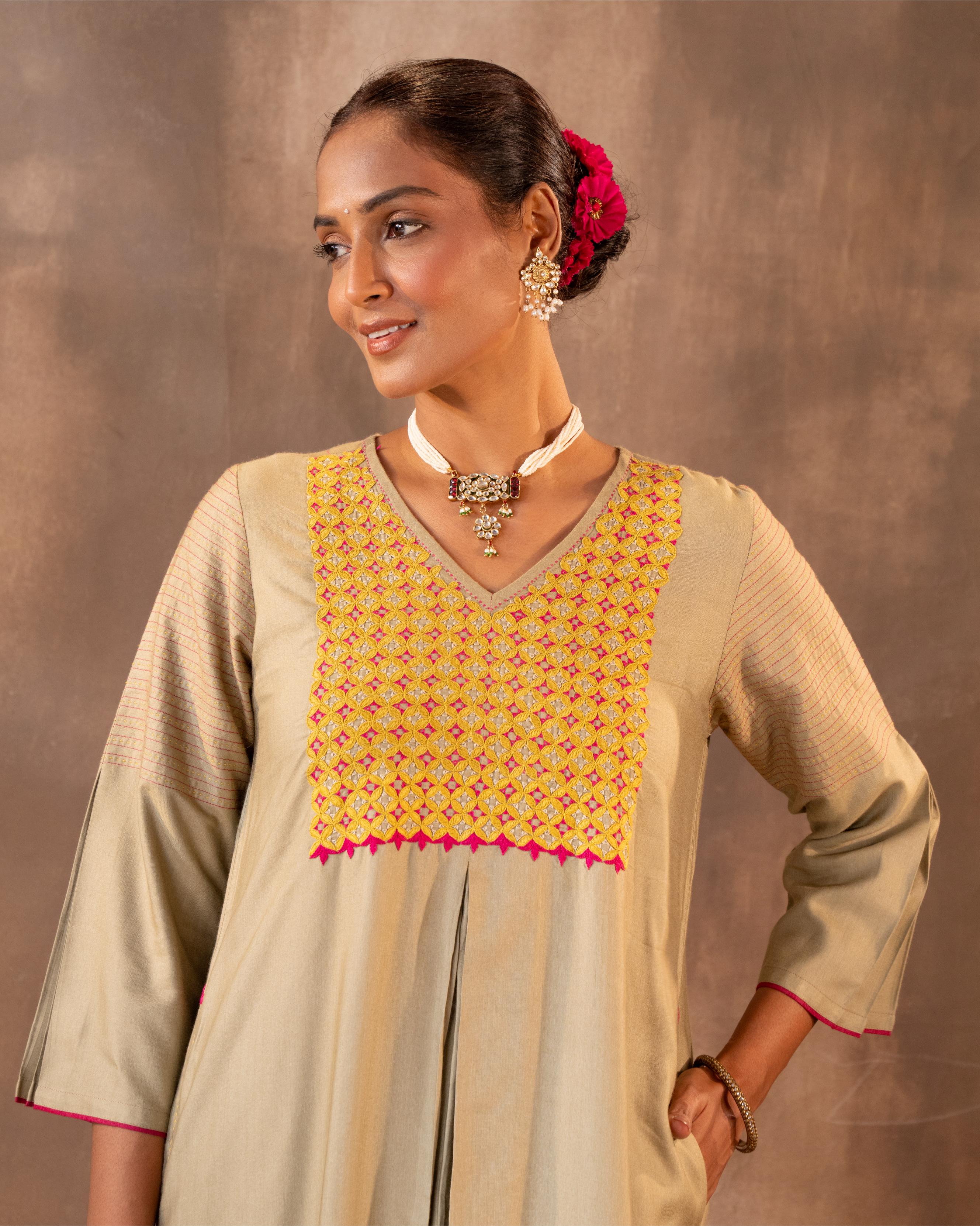 "Ruhani Olive Green A-Line Cotton Silk Kurta With Pakka Hand Embroidery