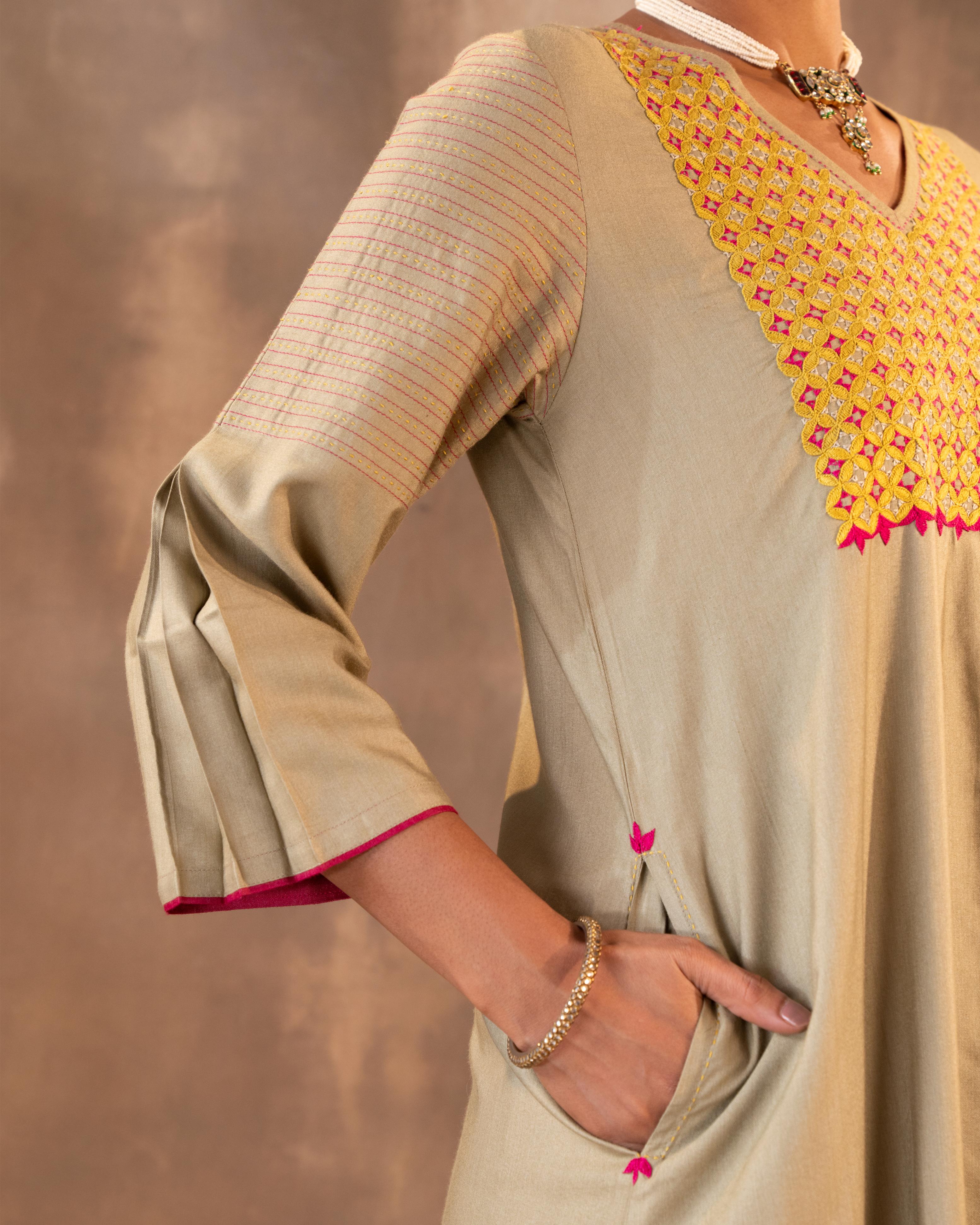 "Ruhani Olive Green A-Line Cotton Silk Kurta With Pakka Hand Embroidery
