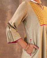 "Ruhani Olive Green A-Line Cotton Silk Kurta With Pakka Hand Embroidery