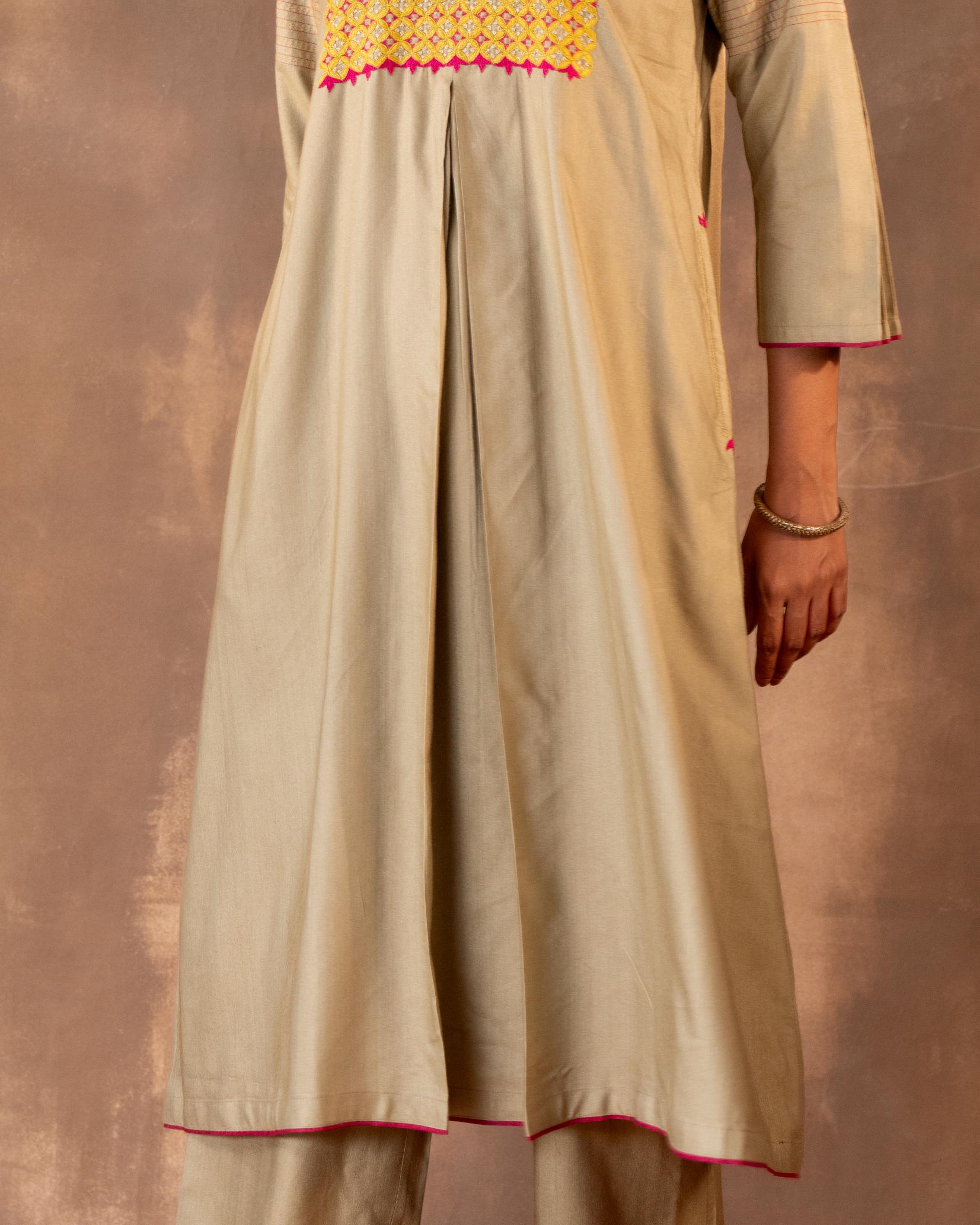 "Ruhani Olive Green A-Line Cotton Silk Kurta With Pakka Hand Embroidery