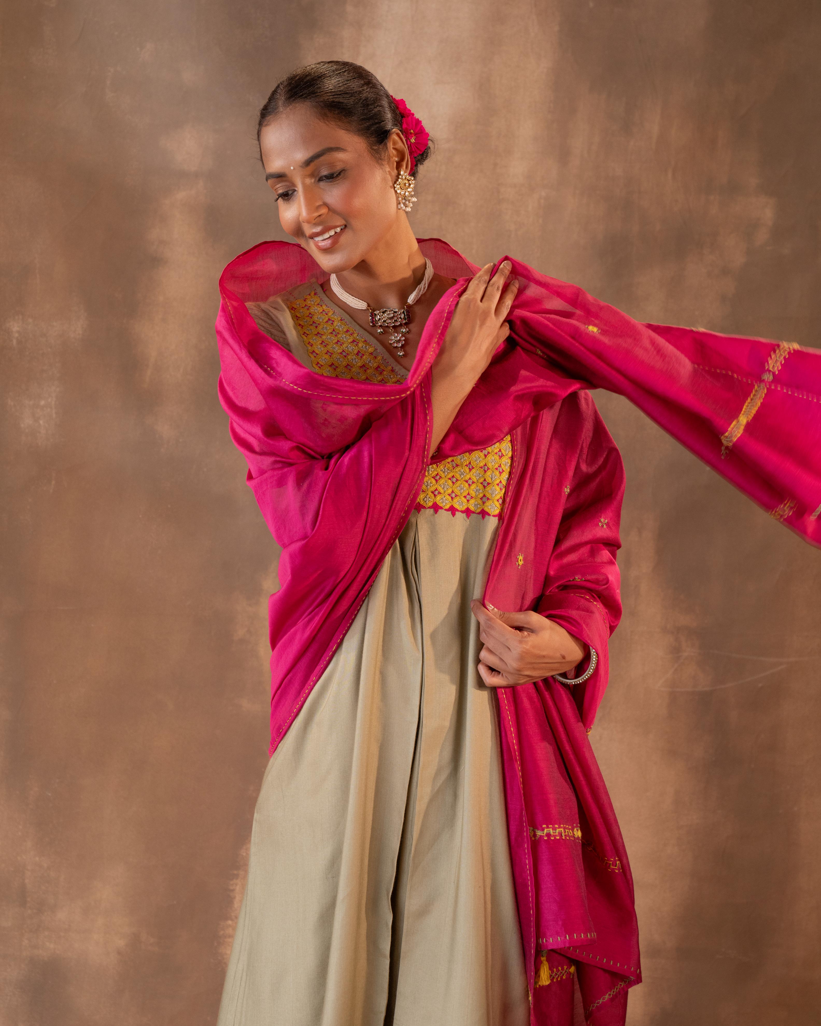 "Ruhani Olive Green A-Line Cotton Silk Kurta With Pakka Hand Embroidery