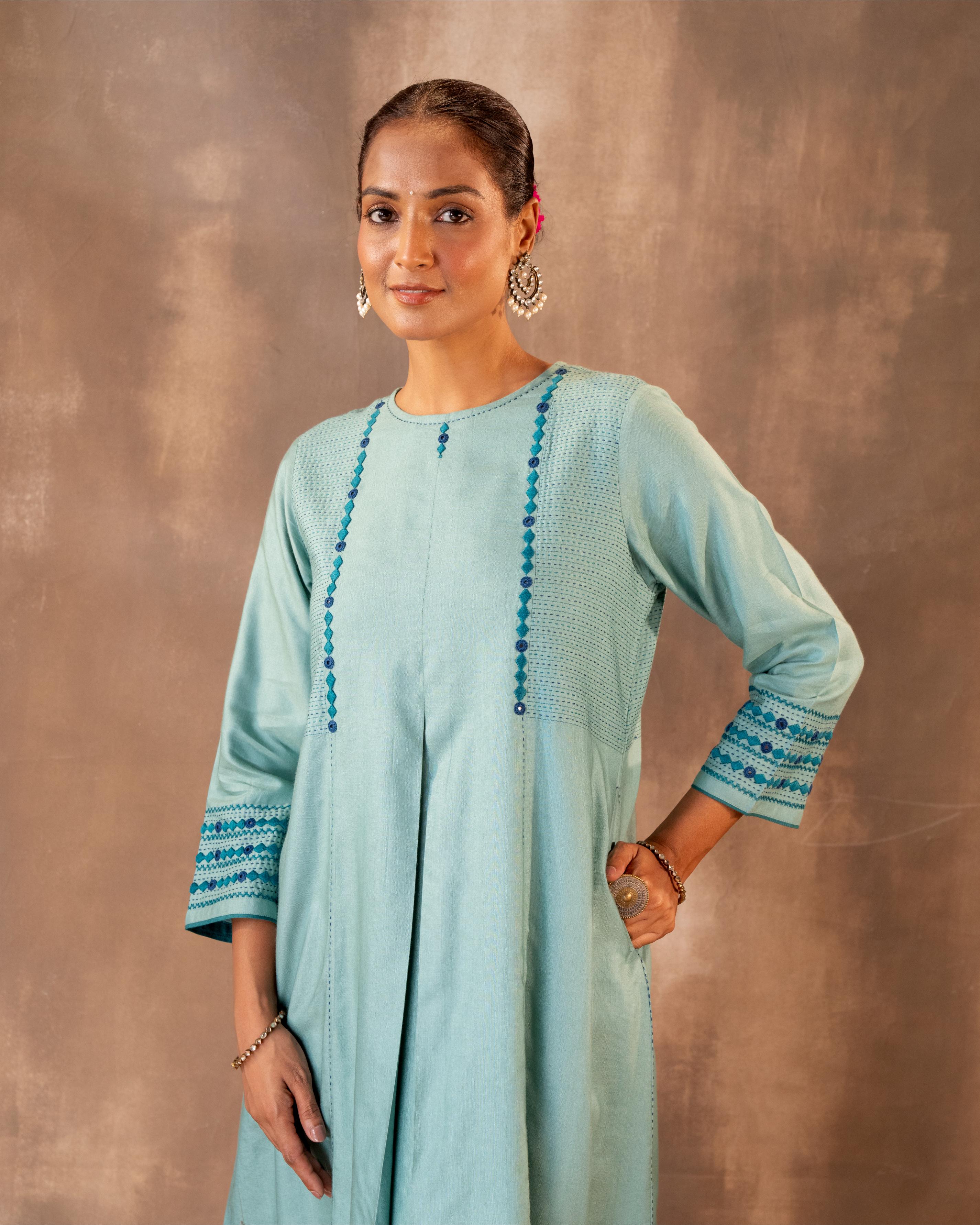 Ruhani Teal A-line Cotton Silk Kurta With Soof Hand Embroidery