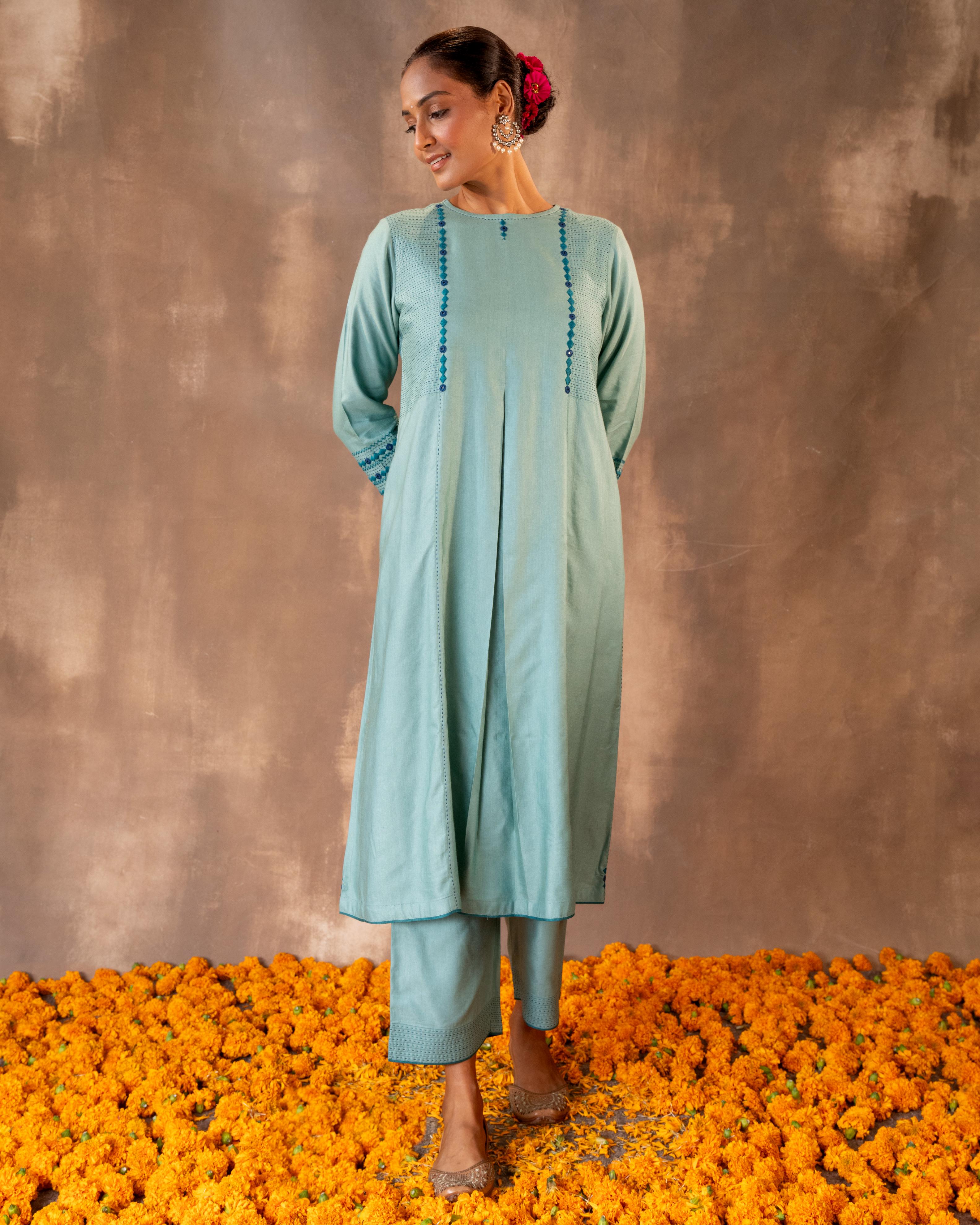 Ruhani Teal A-line Cotton Silk Kurta With Soof Hand Embroidery