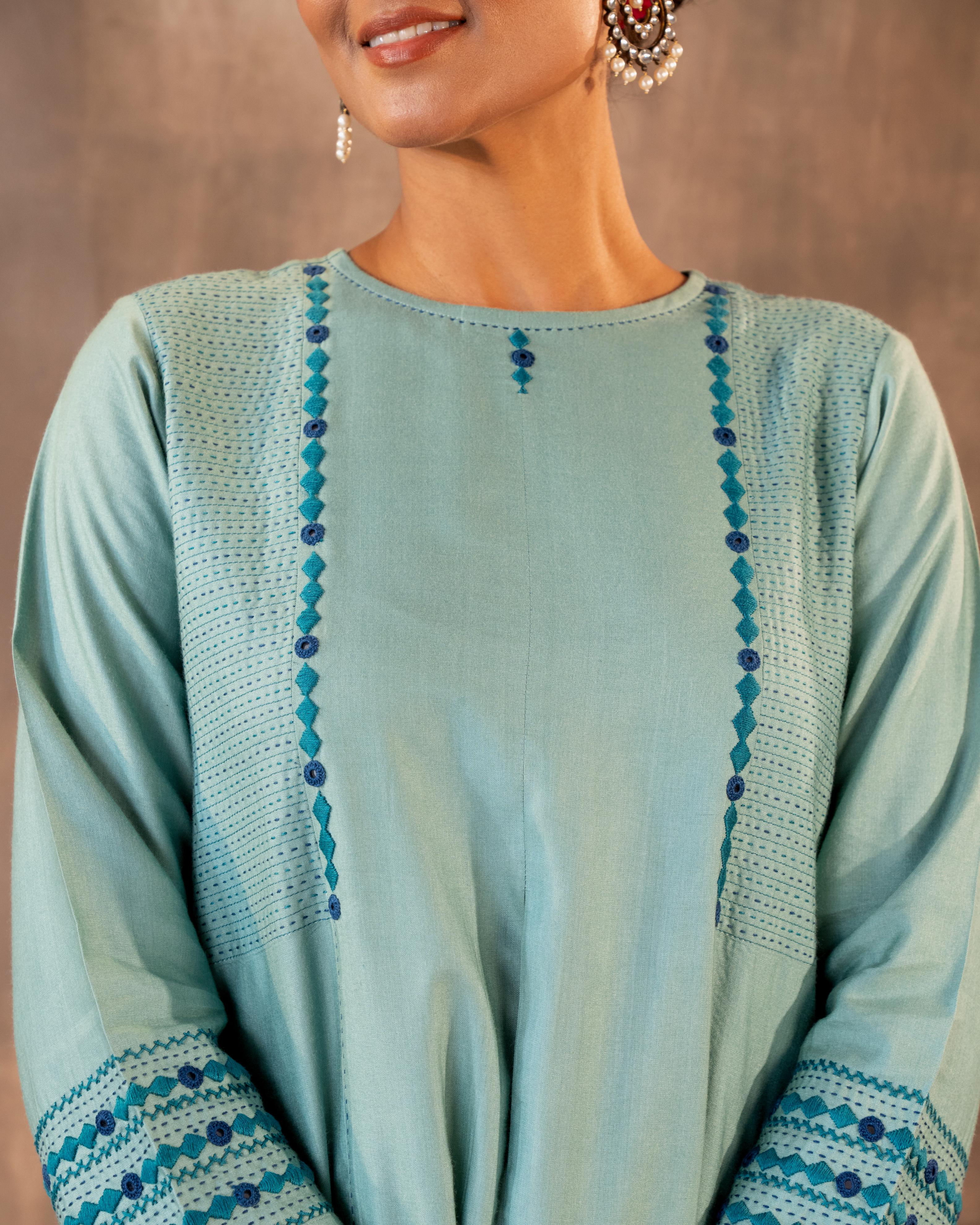 Ruhani Teal A-line Cotton Silk Kurta With Soof Hand Embroidery