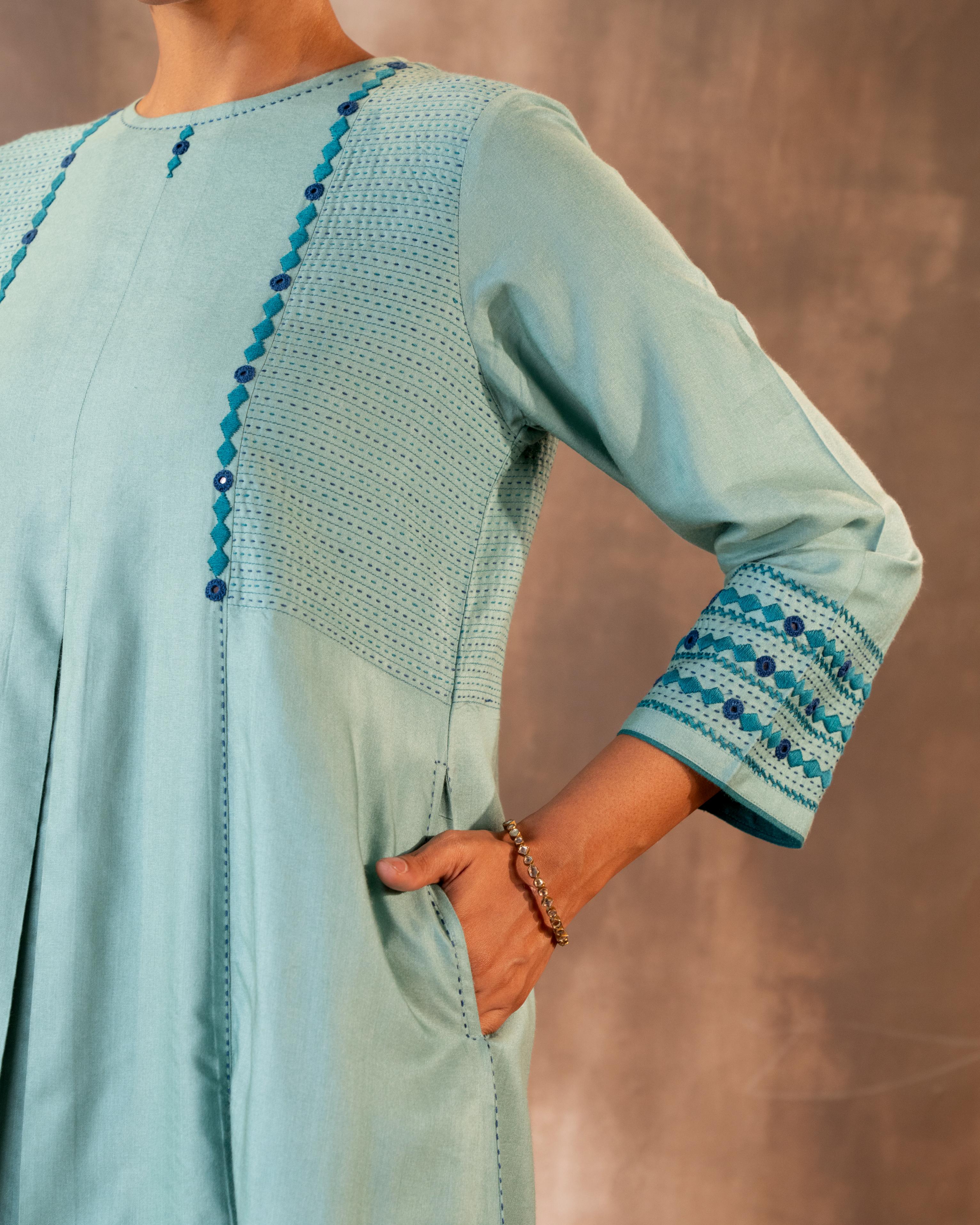 Ruhani Teal A-line Cotton Silk Kurta With Soof Hand Embroidery