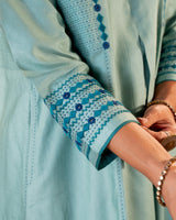 Ruhani Teal A-line Cotton Silk Kurta With Soof Hand Embroidery