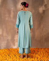 Ruhani Teal A-line Cotton Silk Kurta With Soof Hand Embroidery