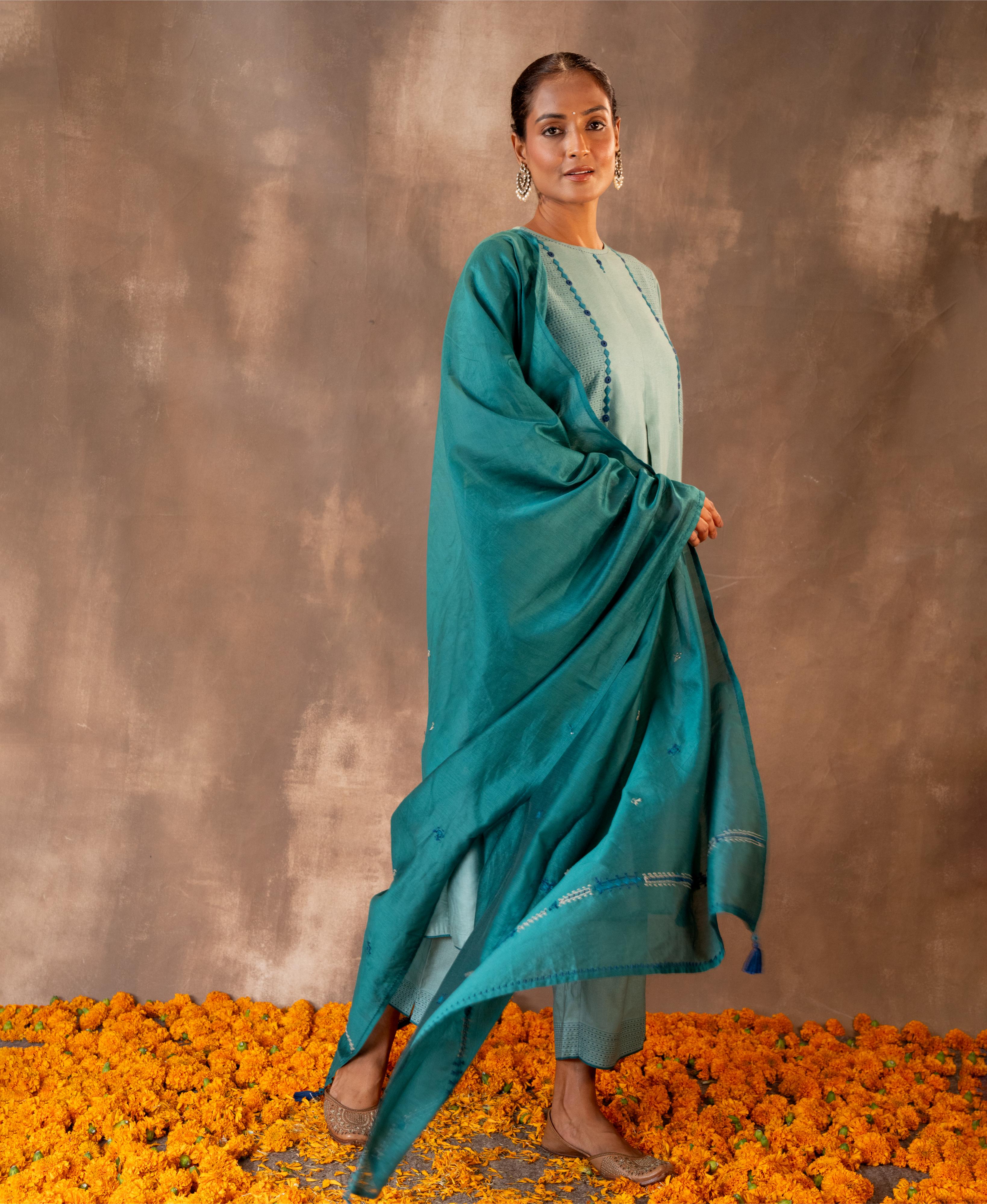 Ruhani Teal A-line Cotton Silk Kurta With Soof Hand Embroidery