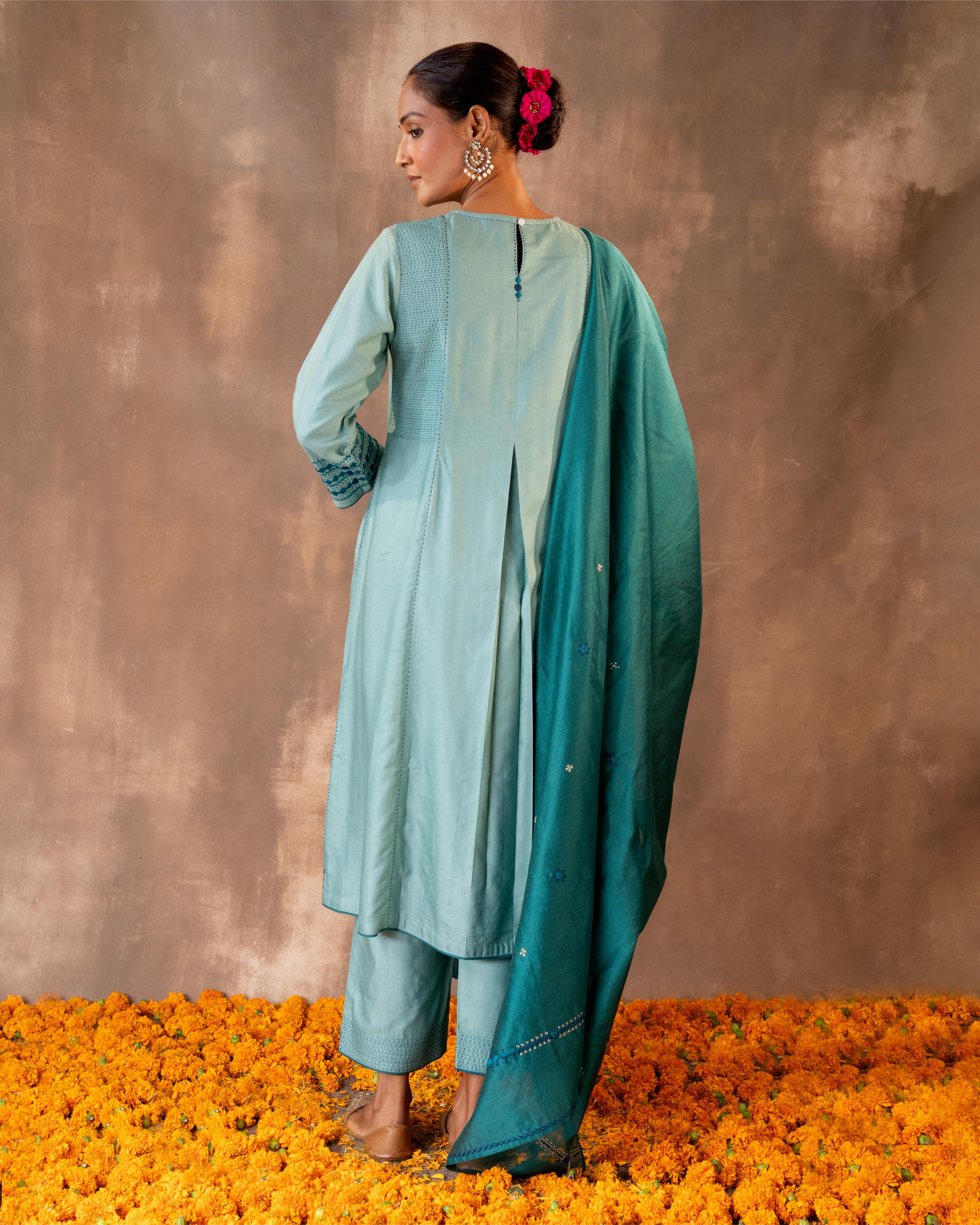 Ruhani Teal A-line Cotton Silk Kurta With Soof Hand Embroidery
