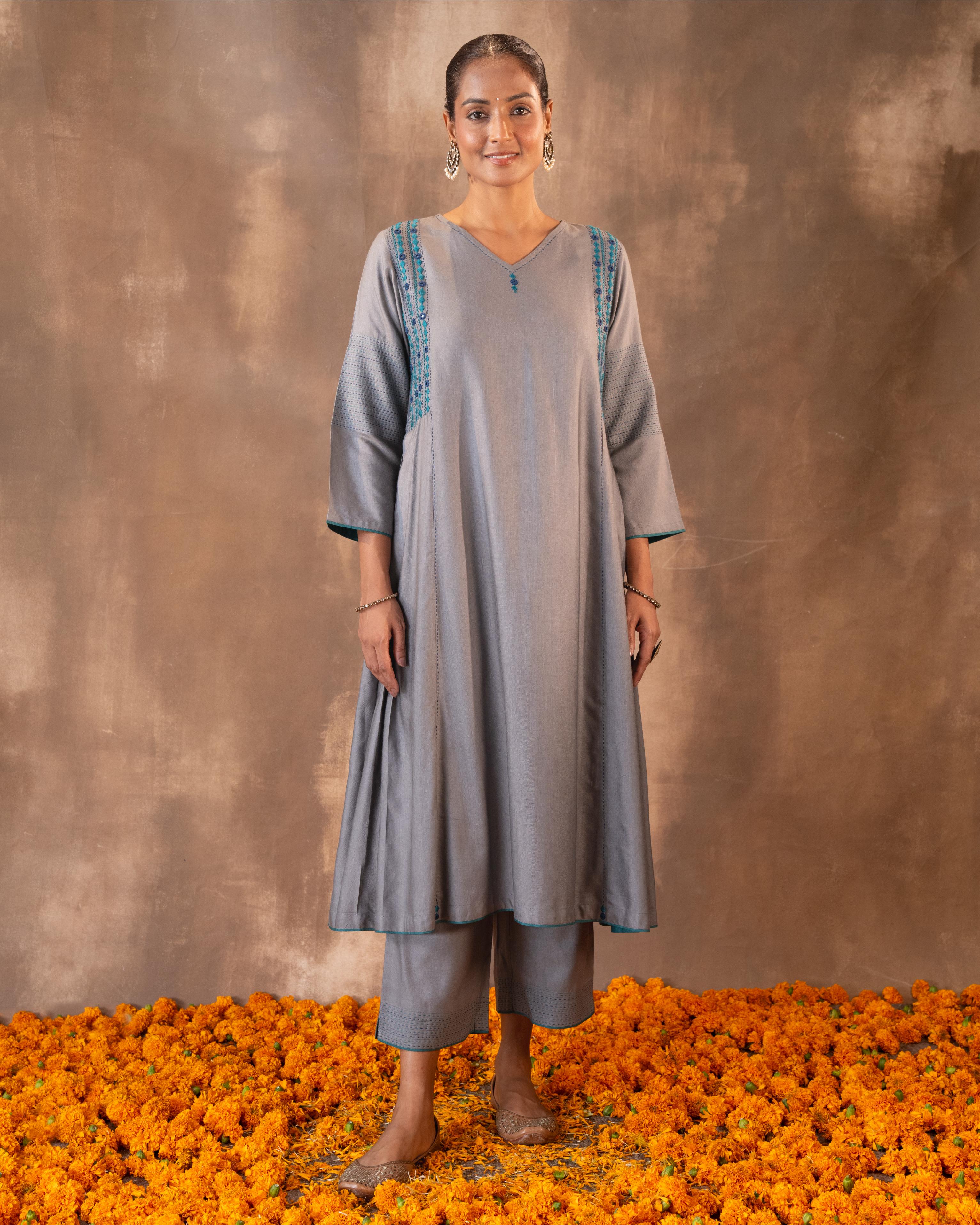 Ruhani Grey Flared Cotton Silk Kurta With Soof Hand Embroidery