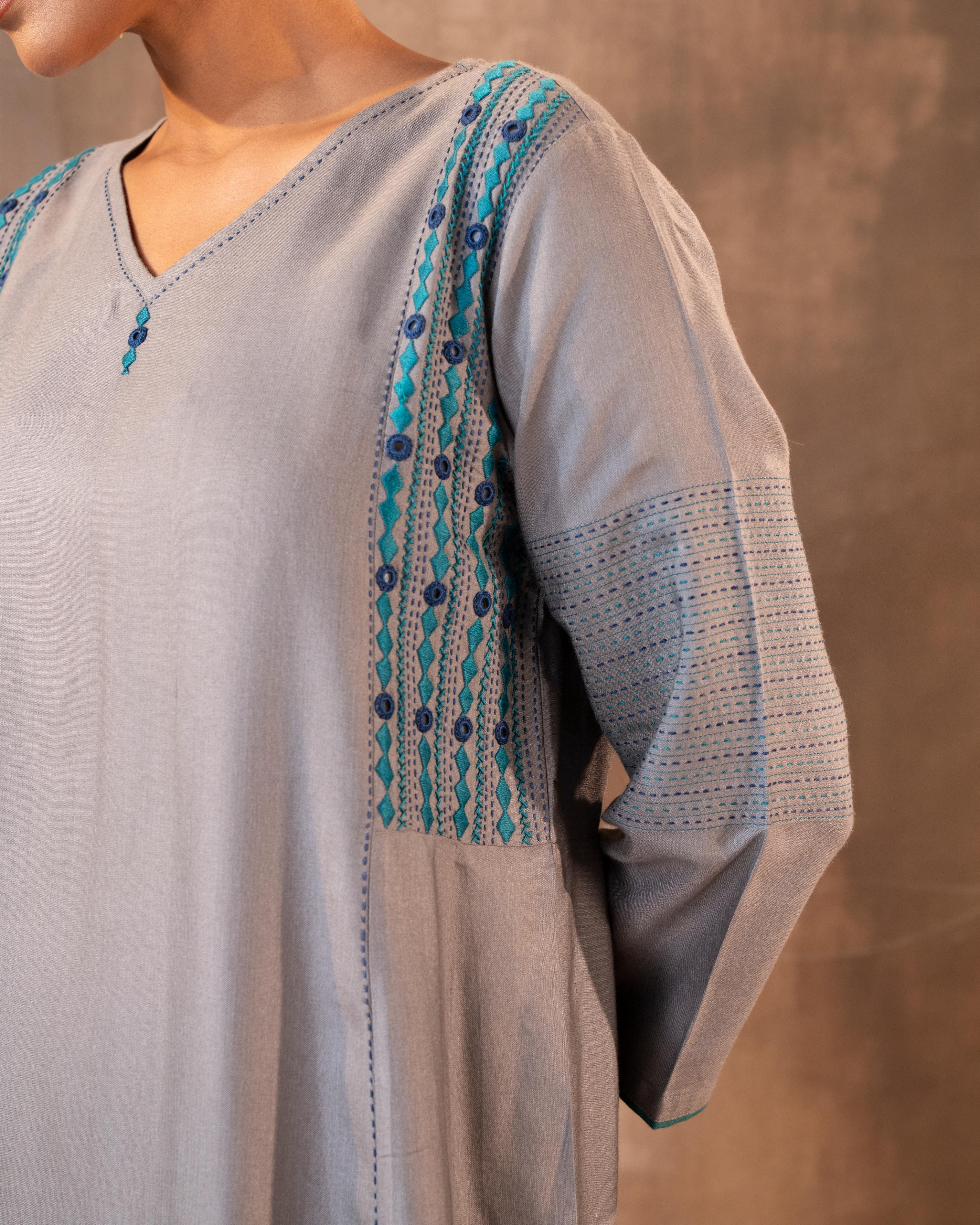 Ruhani Grey Flared Cotton Silk Kurta With Soof Hand Embroidery