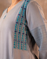 Ruhani Grey Flared Cotton Silk Kurta With Soof Hand Embroidery