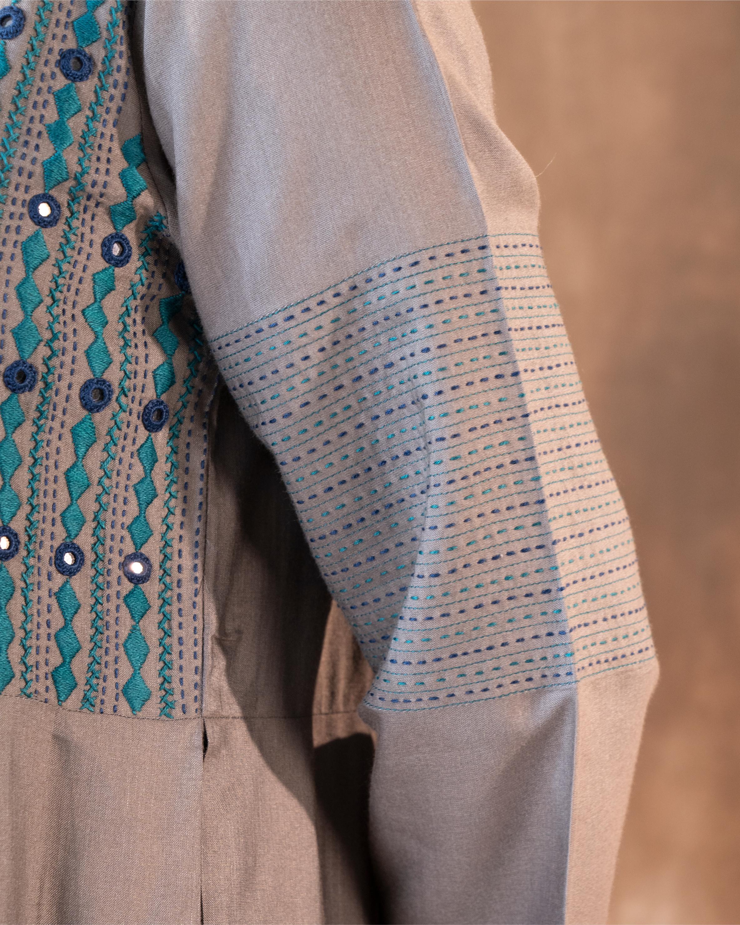 Ruhani Grey Flared Cotton Silk Kurta With Soof Hand Embroidery