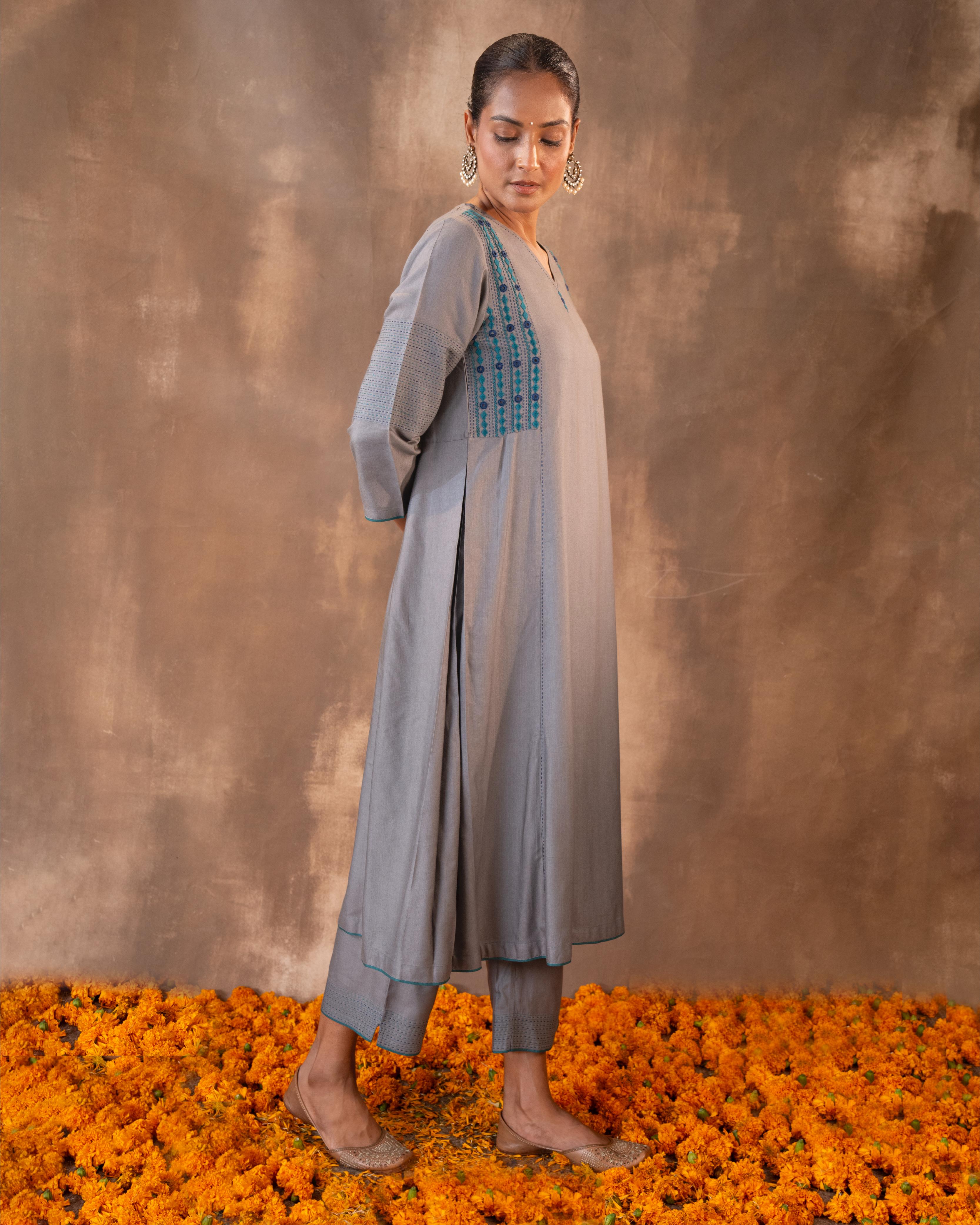 Ruhani Grey Flared Cotton Silk Kurta With Soof Hand Embroidery