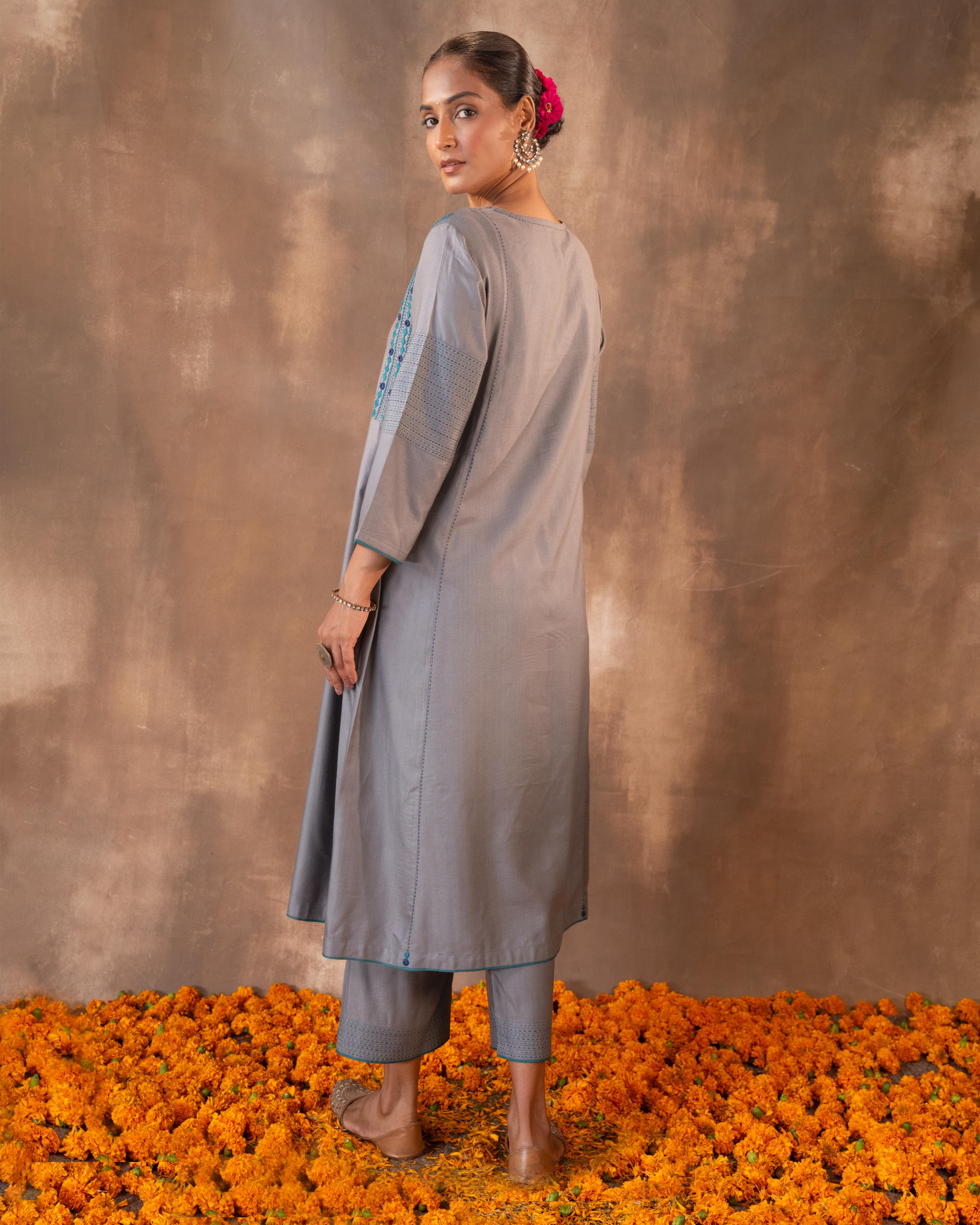 Ruhani Grey Flared Cotton Silk Kurta With Soof Hand Embroidery