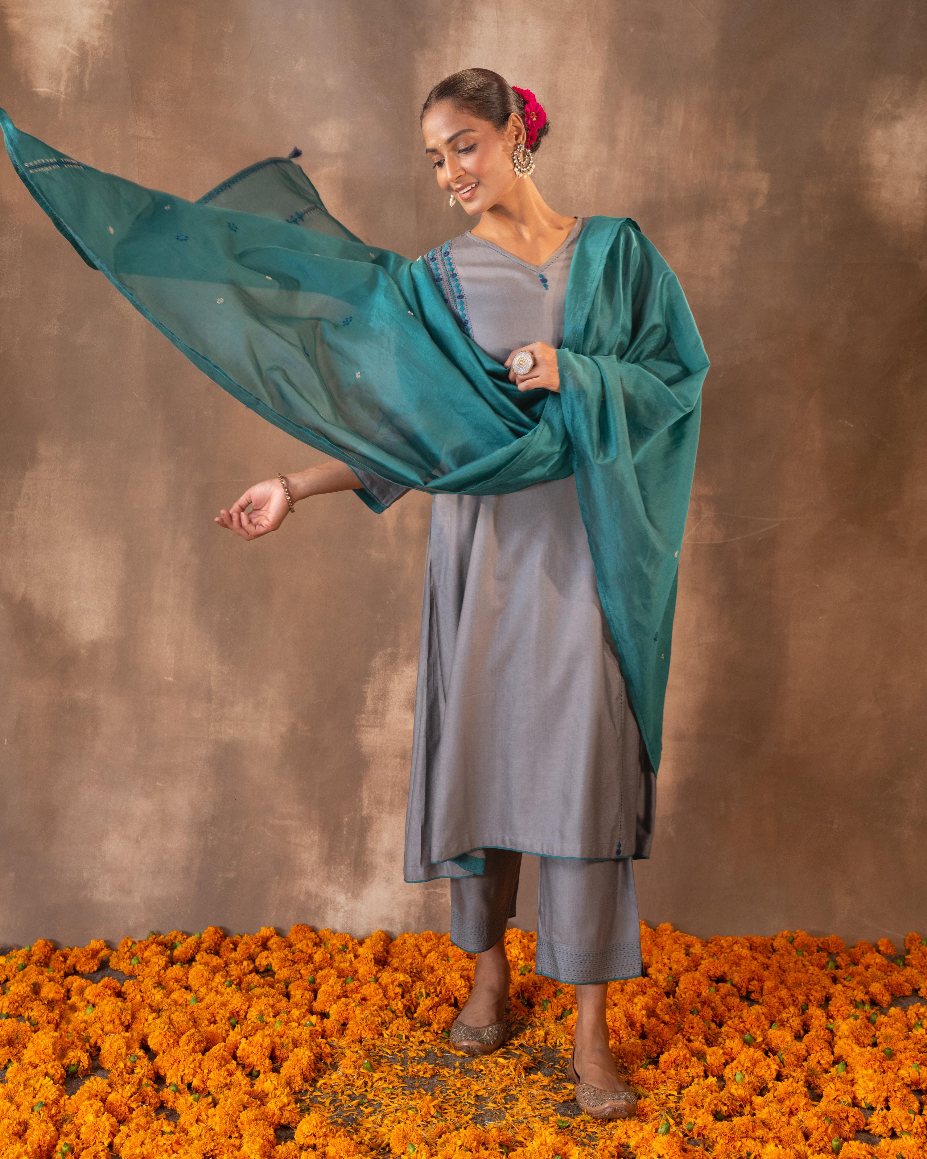 Ruhani Grey Flared Cotton Silk Kurta With Soof Hand Embroidery