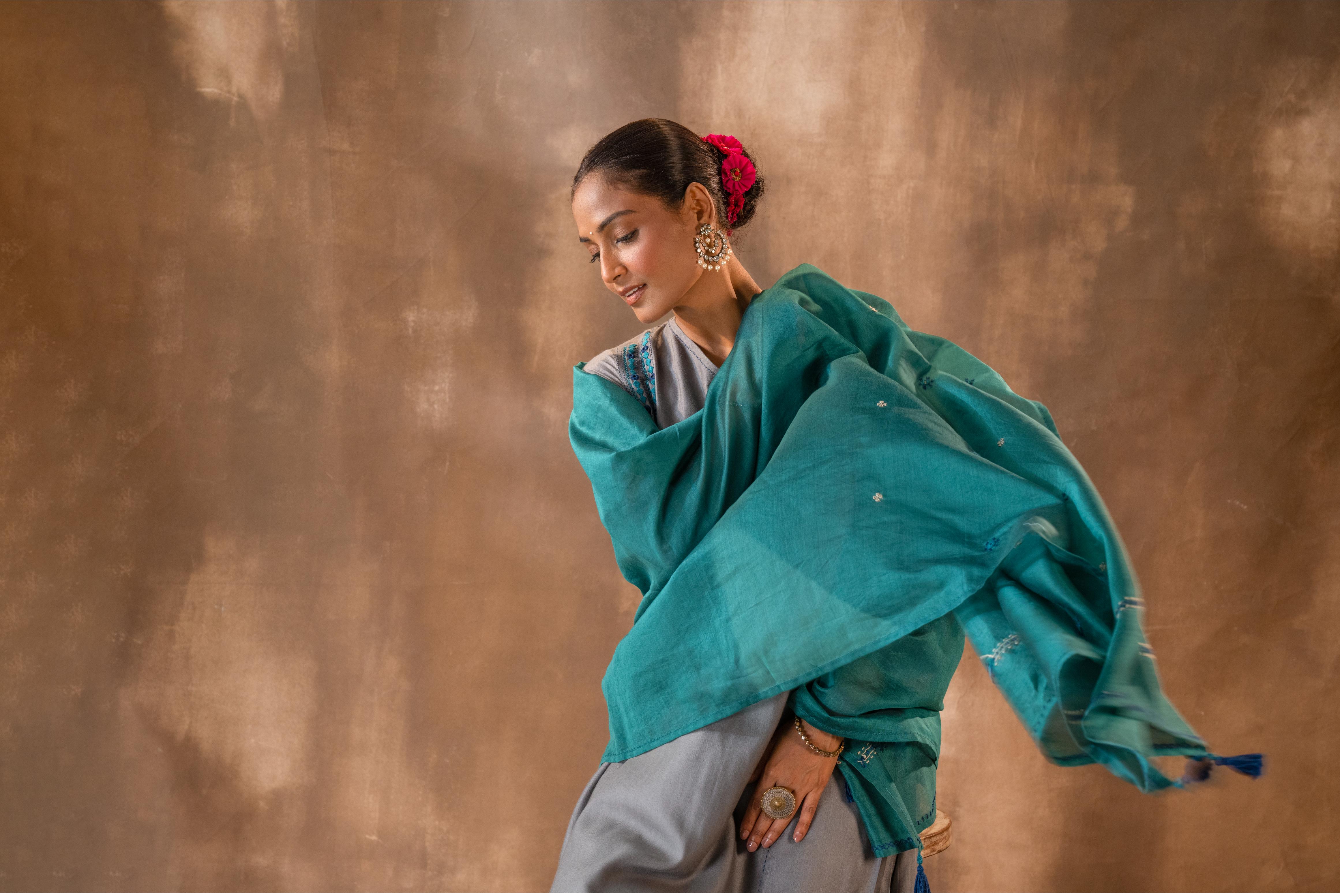 Ruhani Grey Flared Cotton Silk Kurta With Soof Hand Embroidery