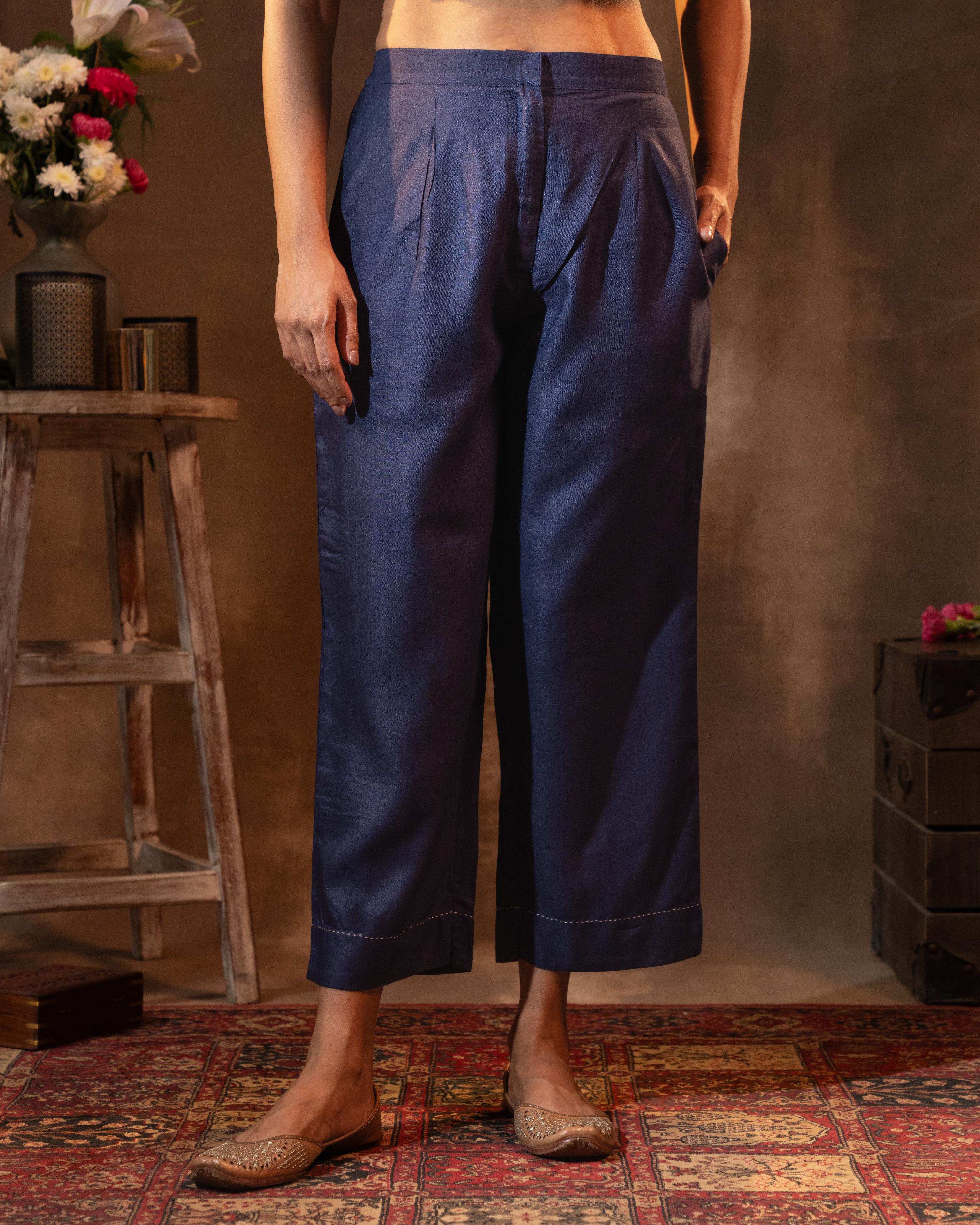 Ruhani Midnight Blue Straight Fit Cotton Silk Pant