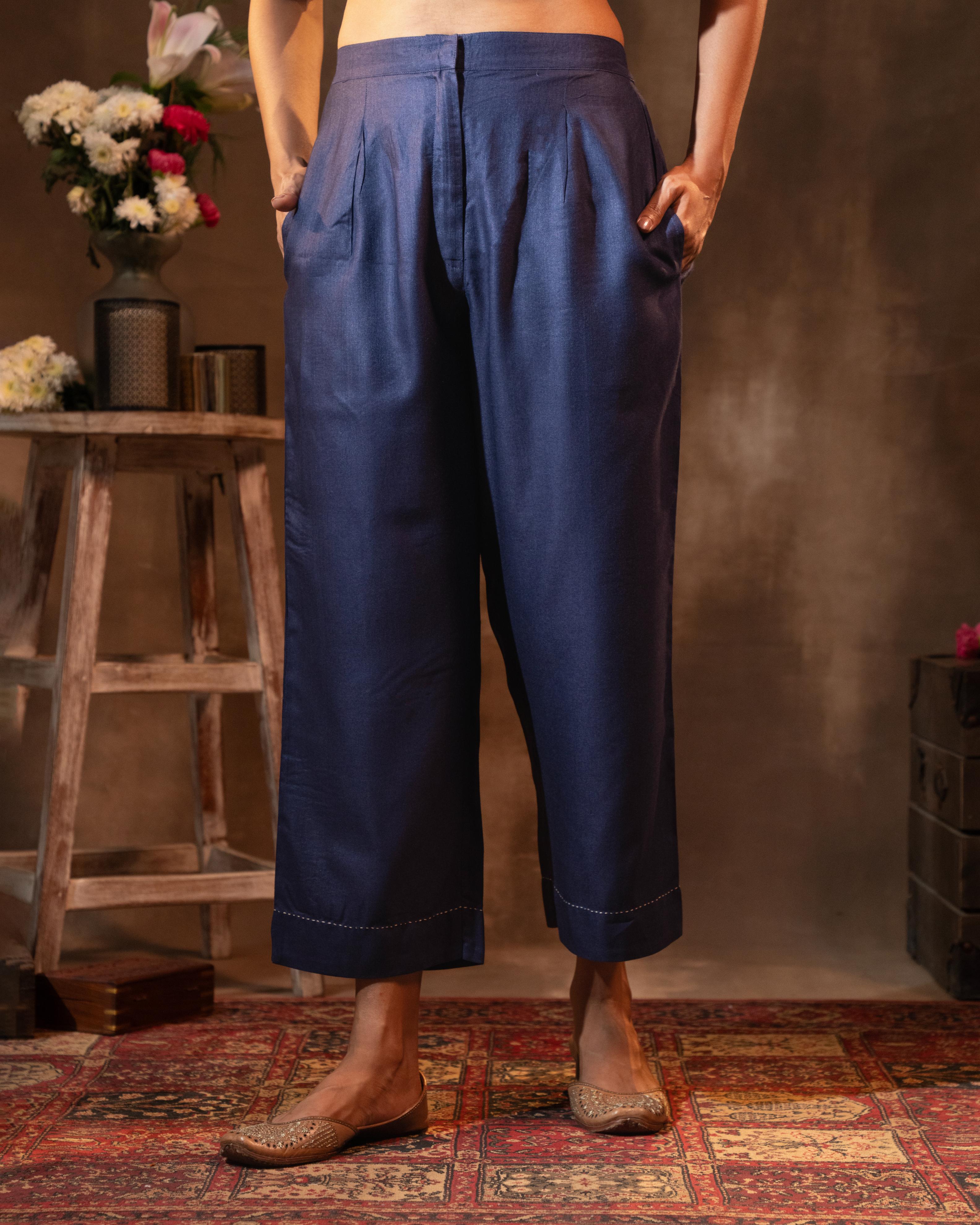 Ruhani Midnight Blue Straight Fit Cotton Silk Pant