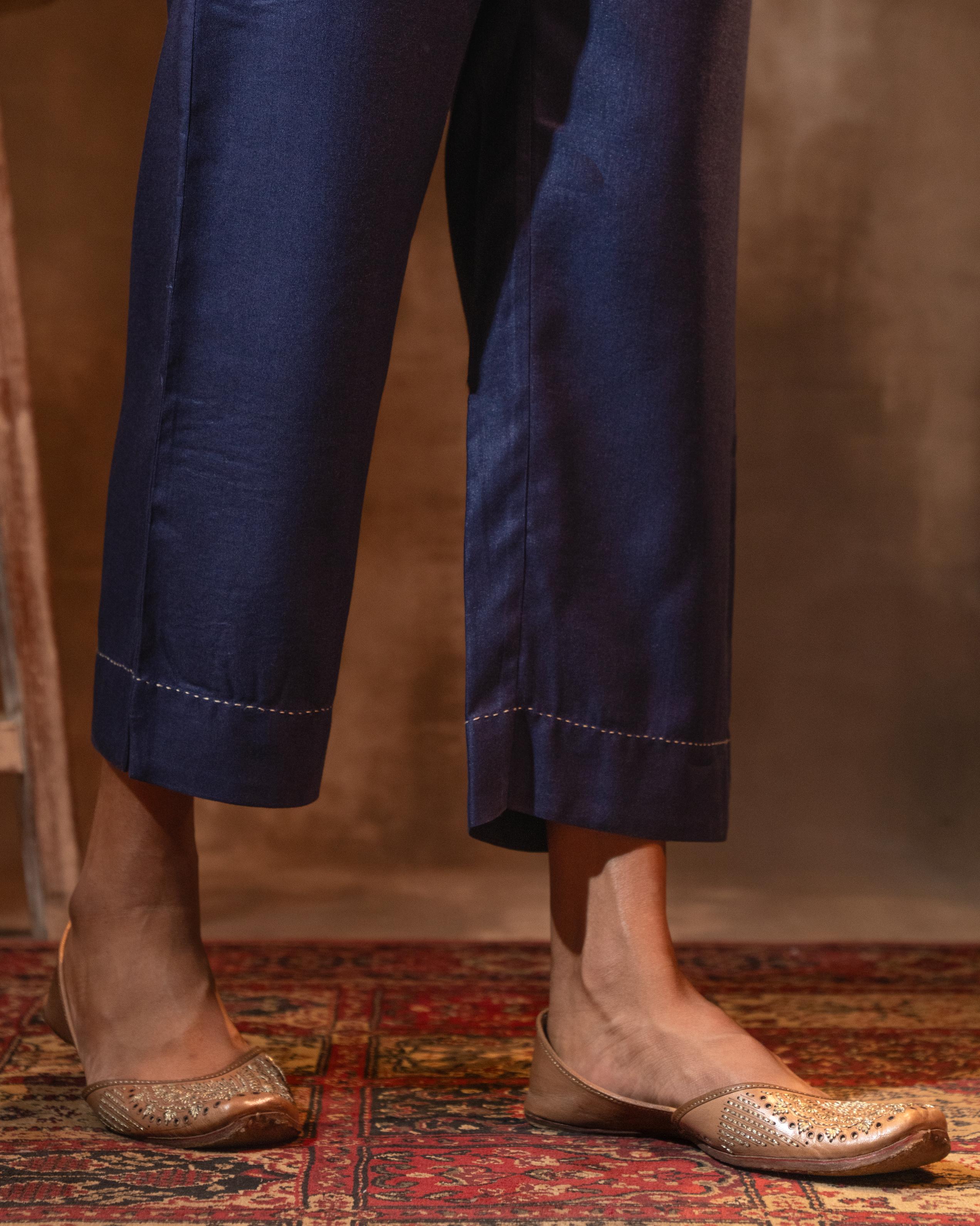 Ruhani Midnight Blue Straight Fit Cotton Silk Pant