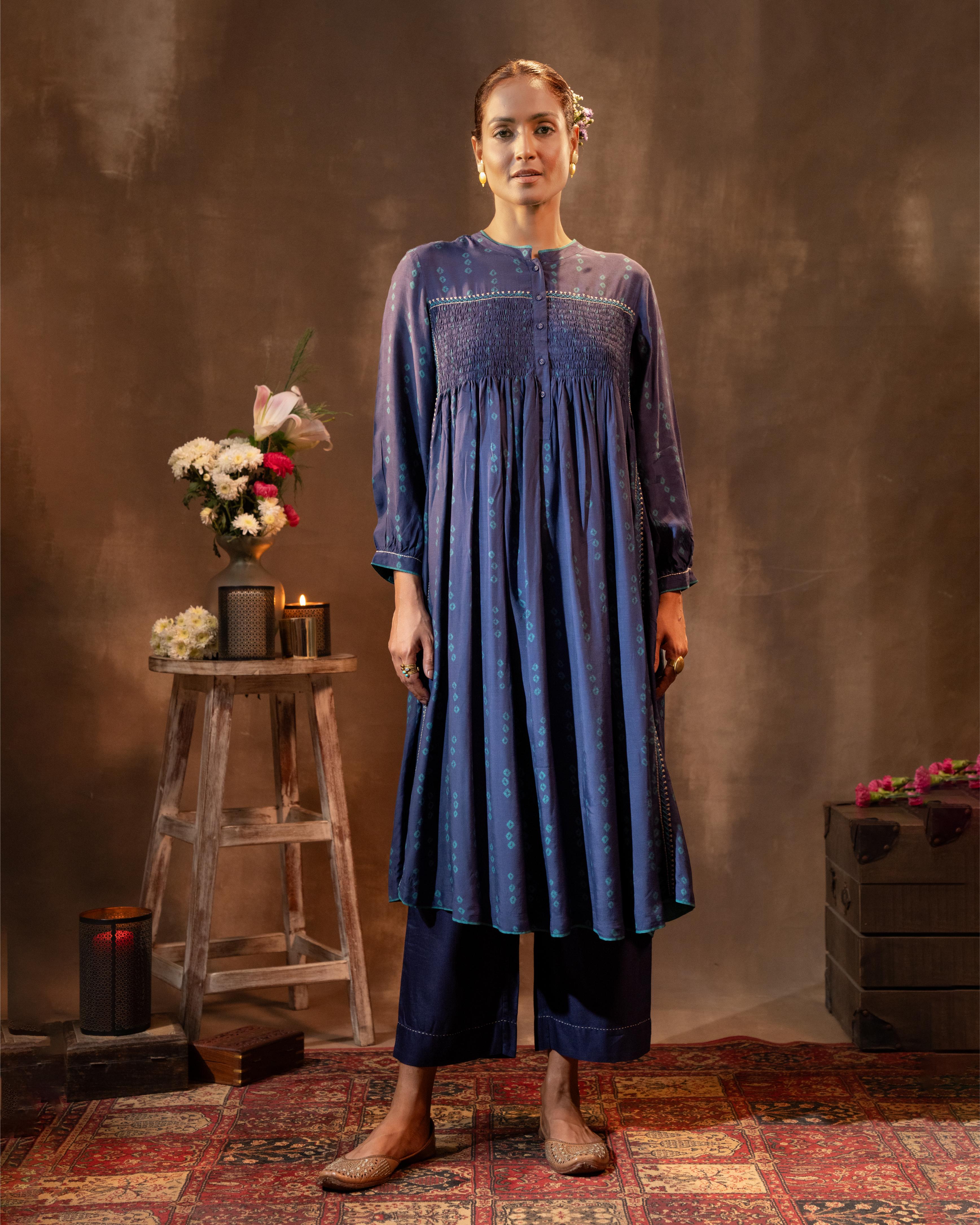 Ruhani Midnight Blue Flared Silk Kurta With Bandhej