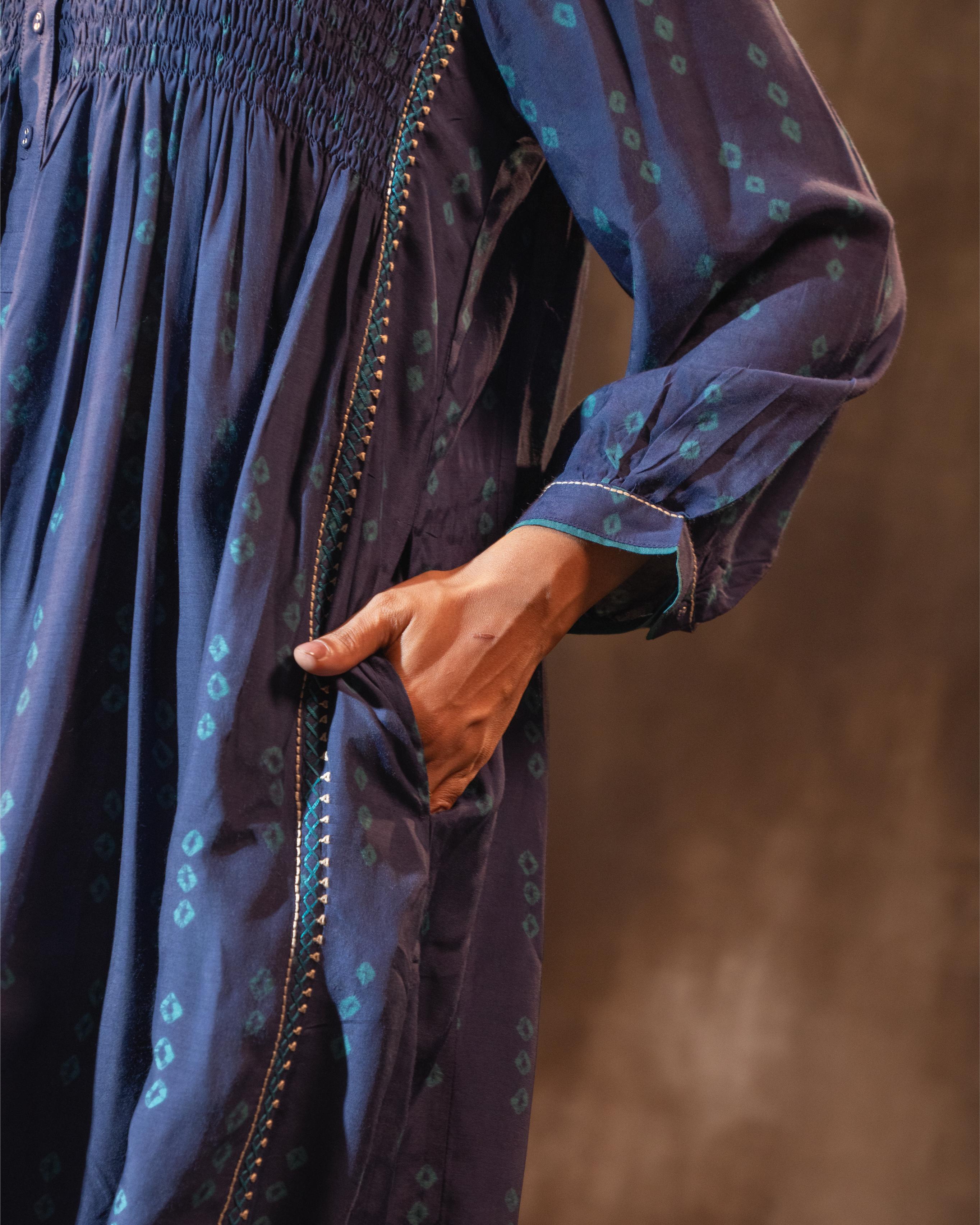 Ruhani Midnight Blue Flared Silk Kurta With Bandhej