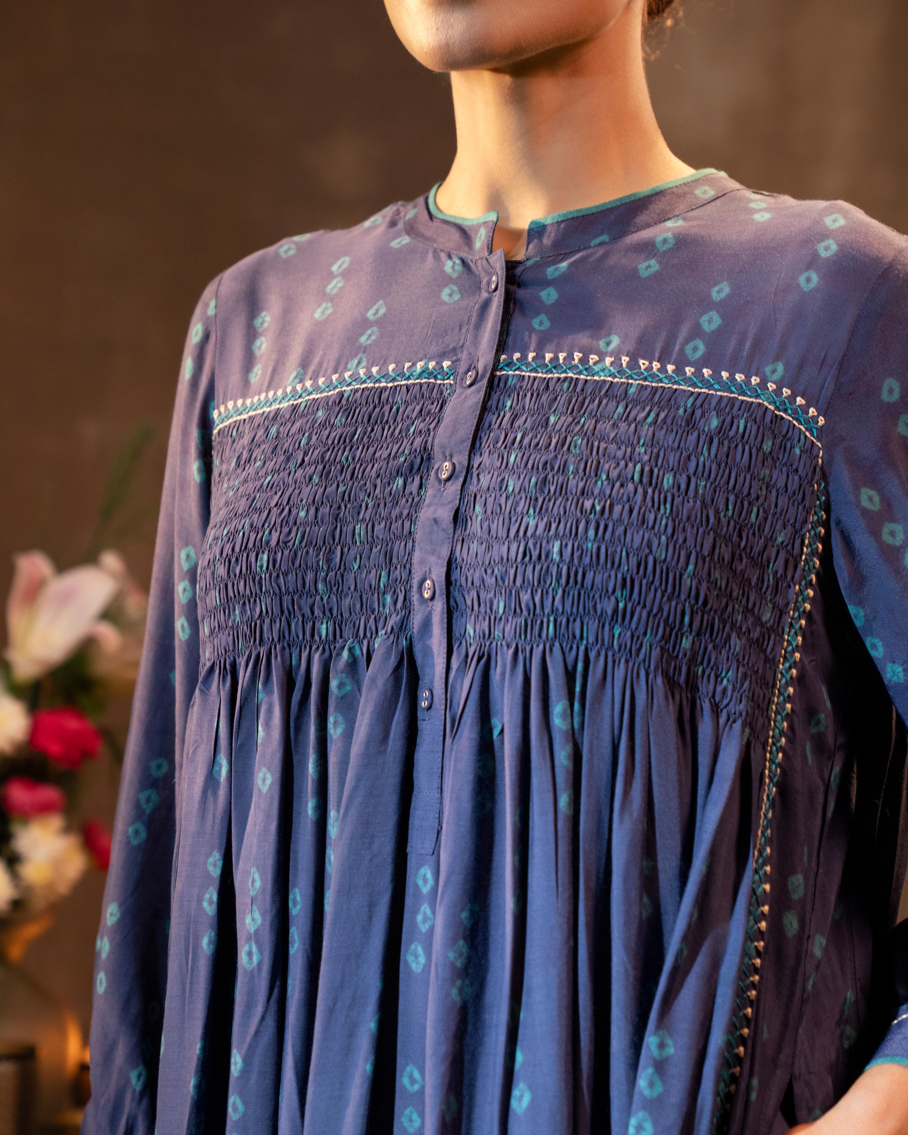 Ruhani Midnight Blue Flared Silk Kurta With Bandhej