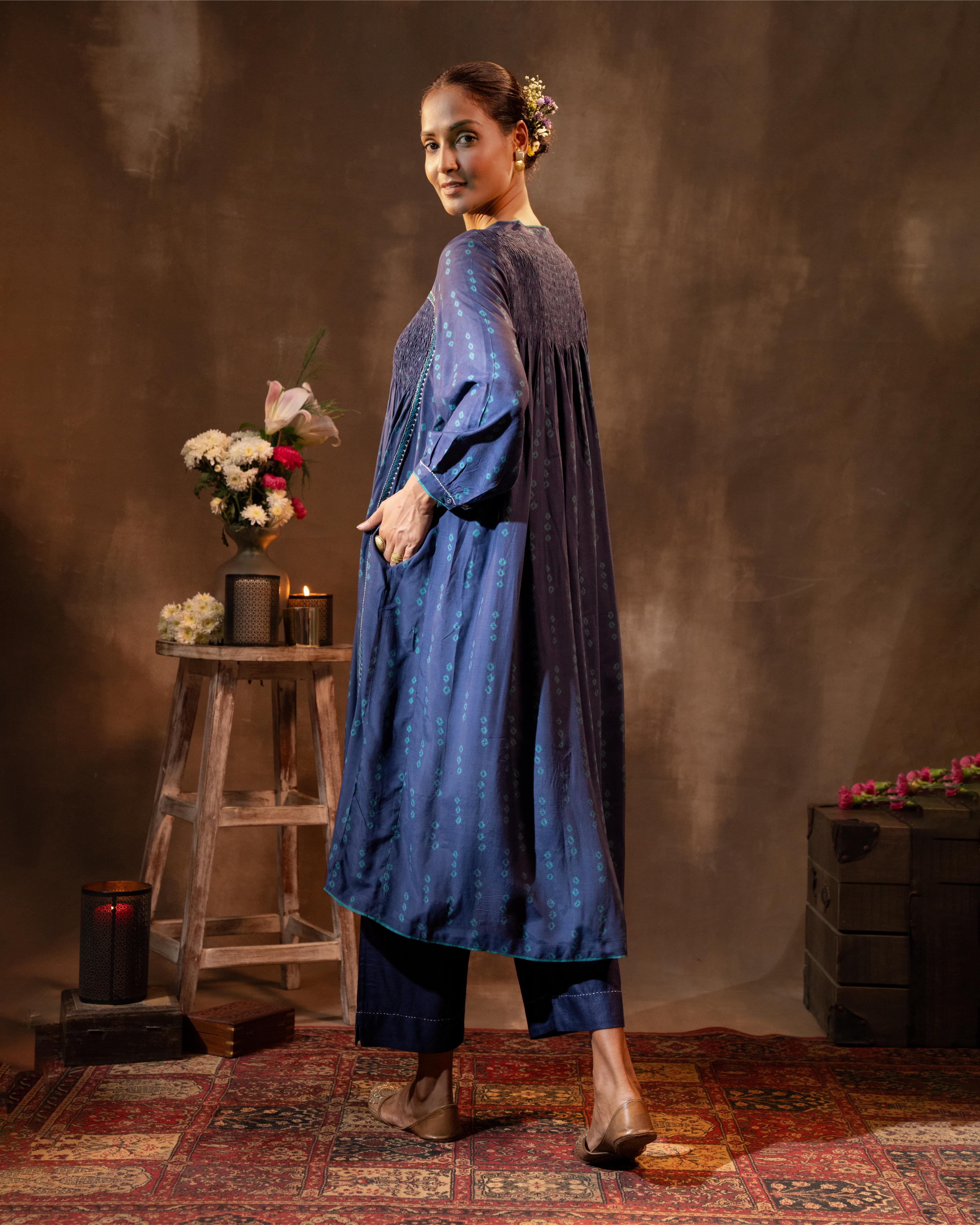 Ruhani Midnight Blue Flared Silk Kurta With Bandhej