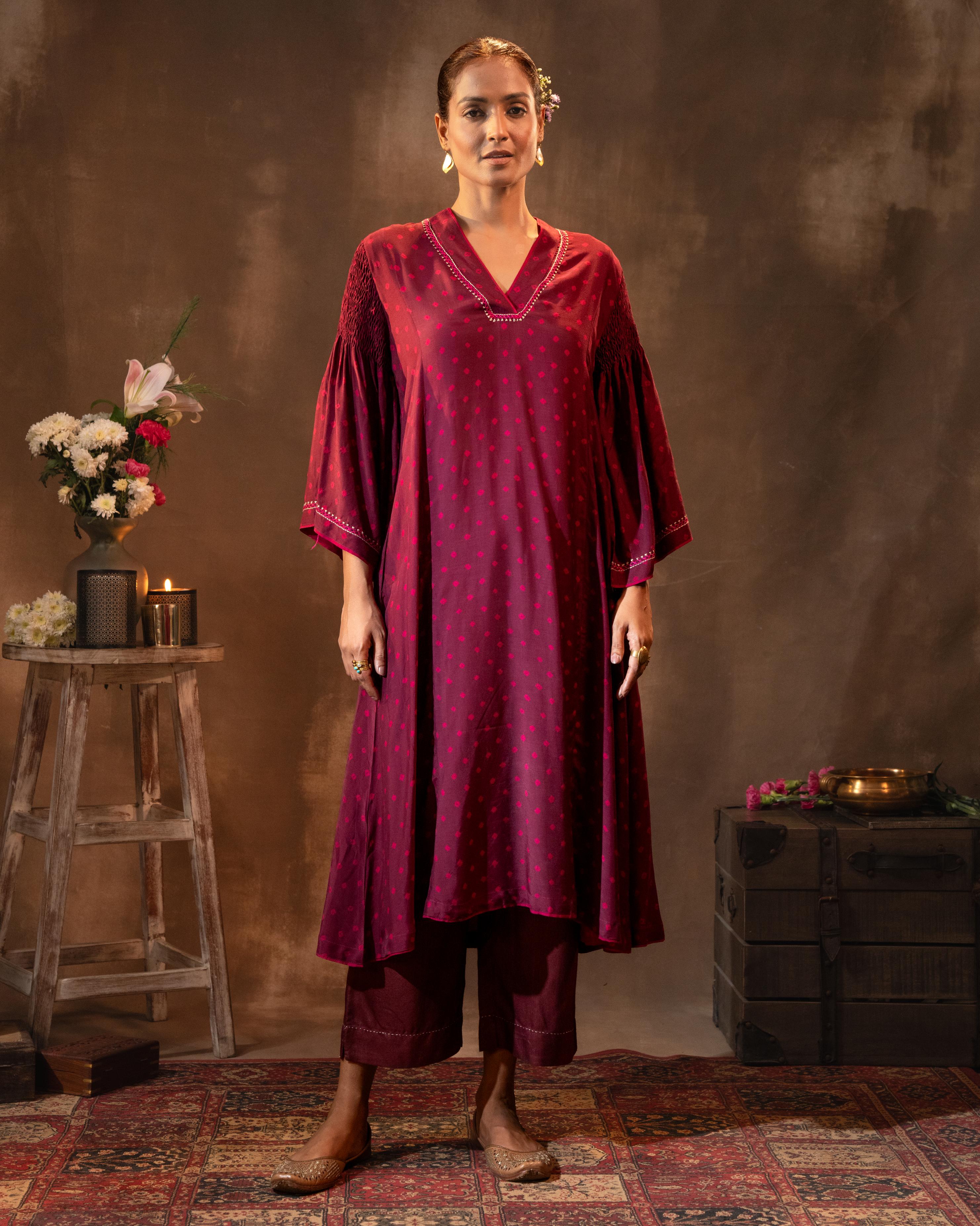 Ruhani Wine Flared Sleeves Silk Kurta with Bandhej